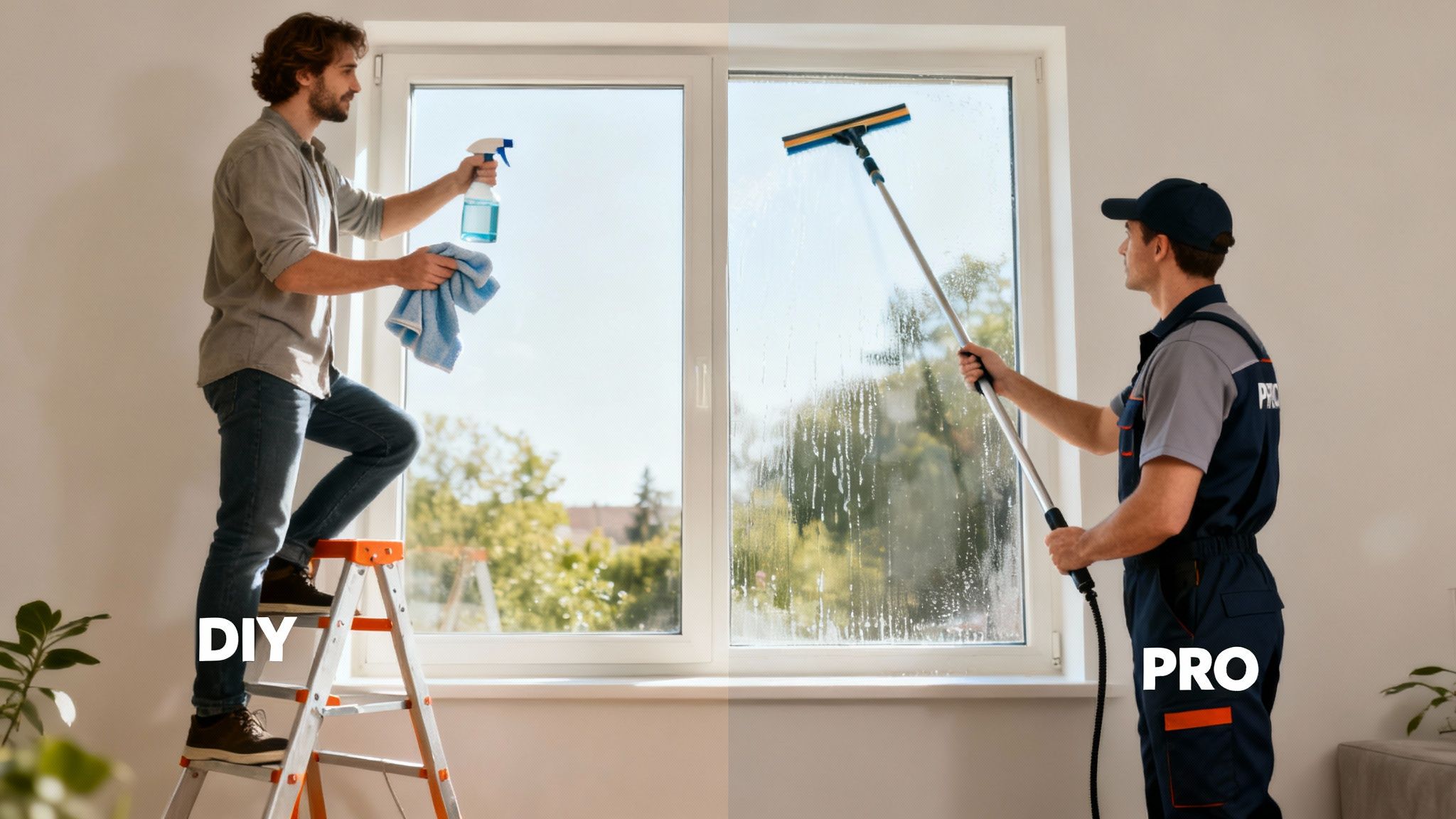 Contrasting DIY window cleaning with a man on a ladder versus a professional cleaner using a long pole.