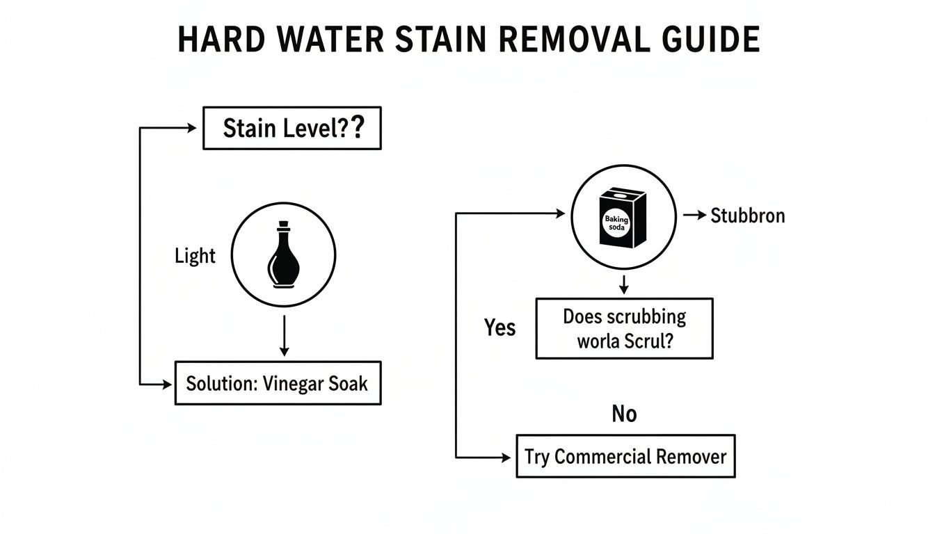 Flowchart guide for hard water stain removal, suggesting vinegar, baking soda, or commercial removers.