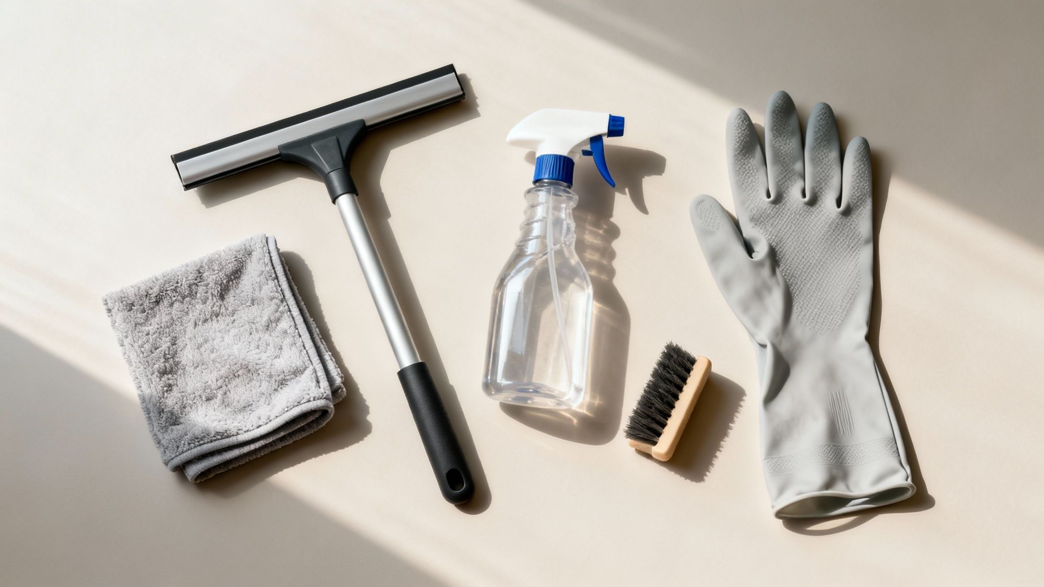 Flat lay of window cleaning tools: squeegee, microfiber towel, spray bottle, brush, and gloves.