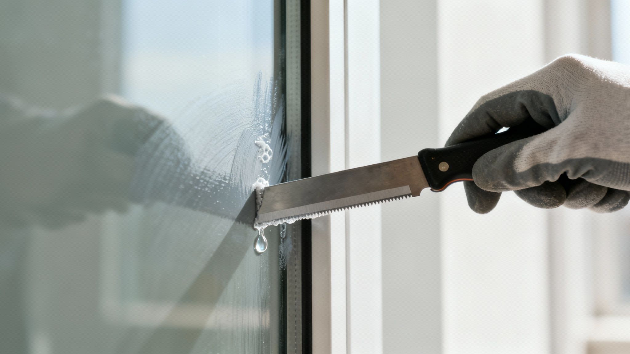A person wearing gloves and using a solvent on a cloth to remove paint from a window.