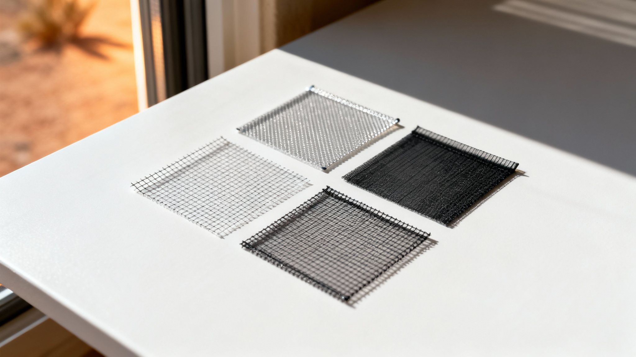 Square samples of silver, grey, and black window screen mesh material on a bright surface.
