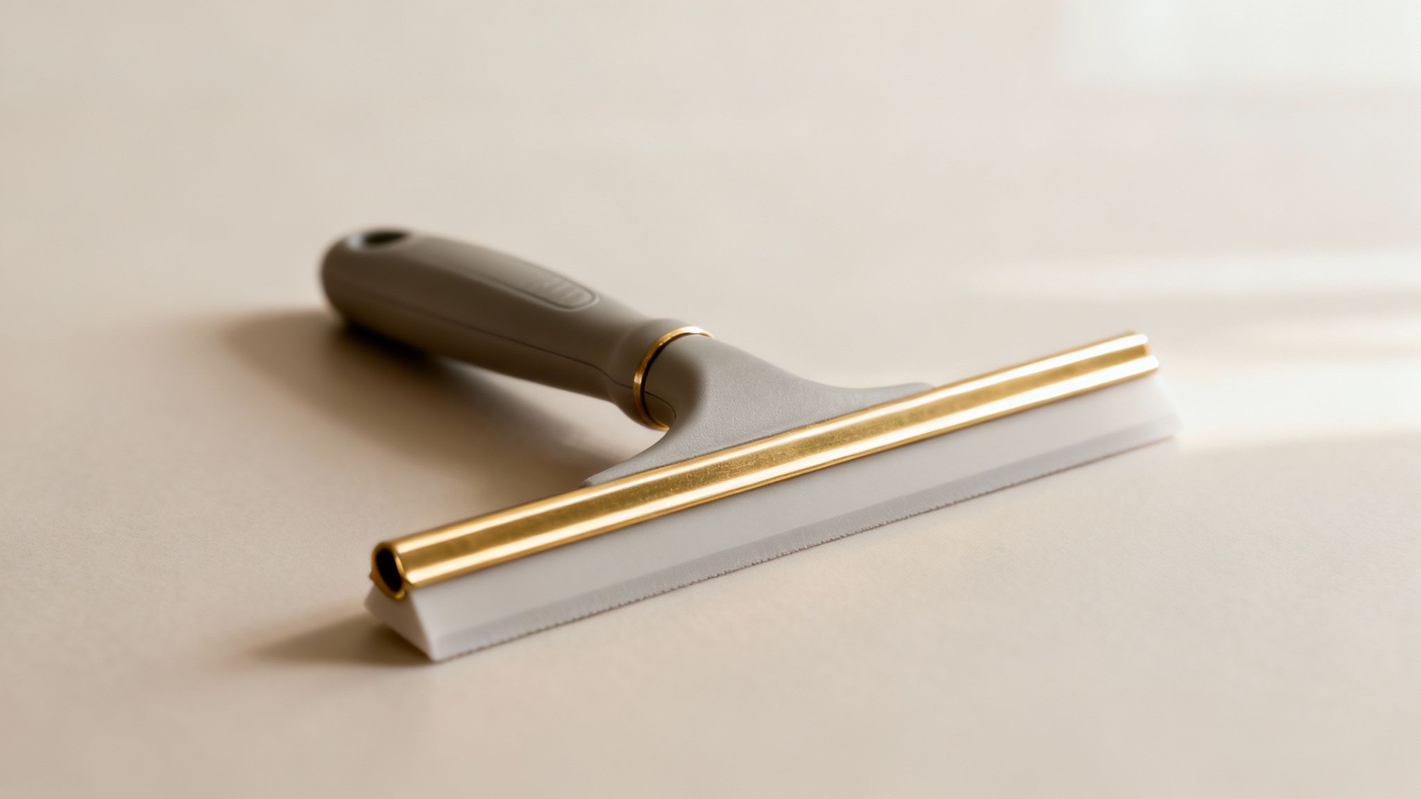 A professional window cleaner's hand holding a high-quality squeegee.