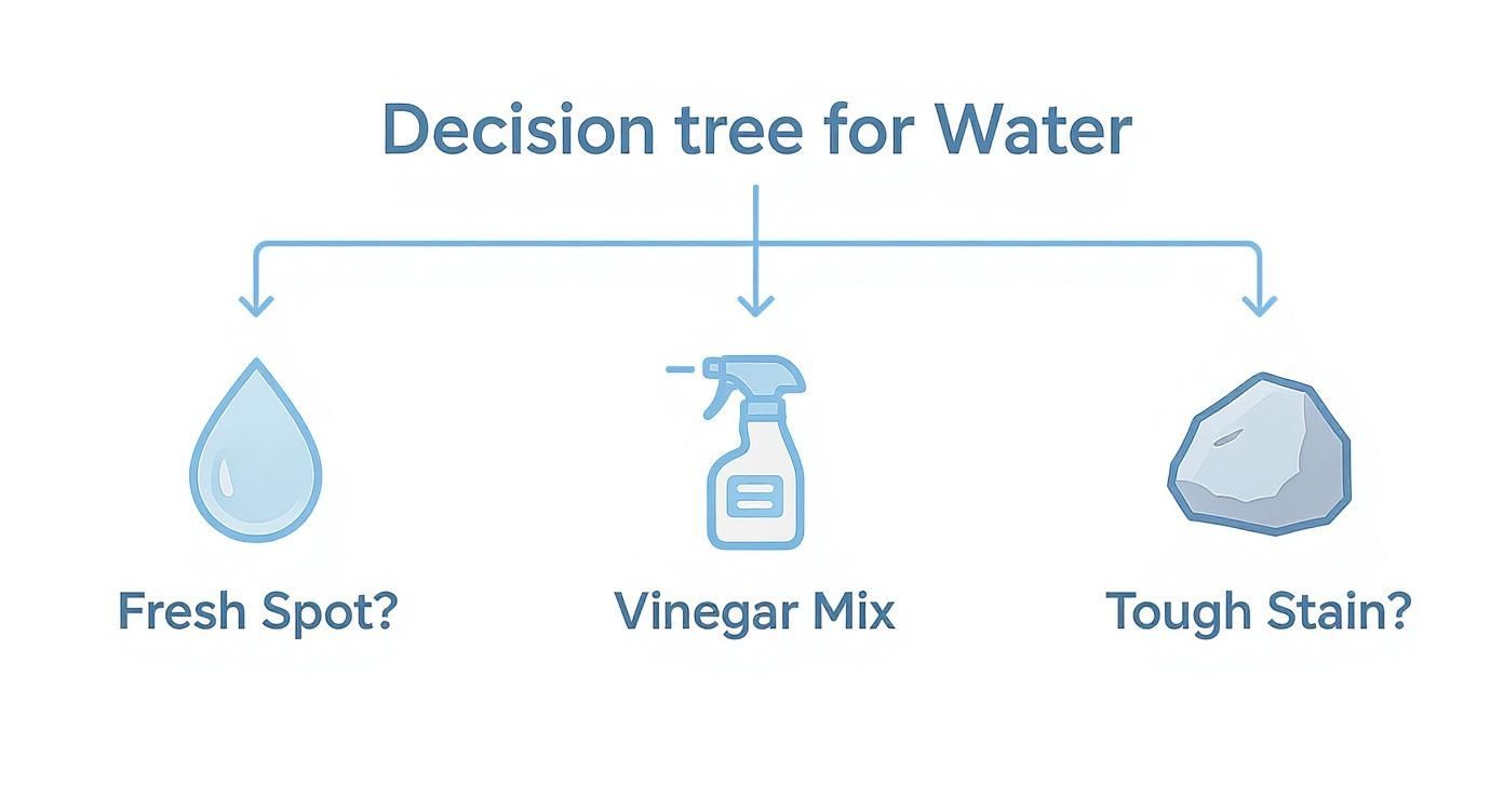 Decision tree diagram showing three water cleaning methods: fresh spot, vinegar mix, and tough stain