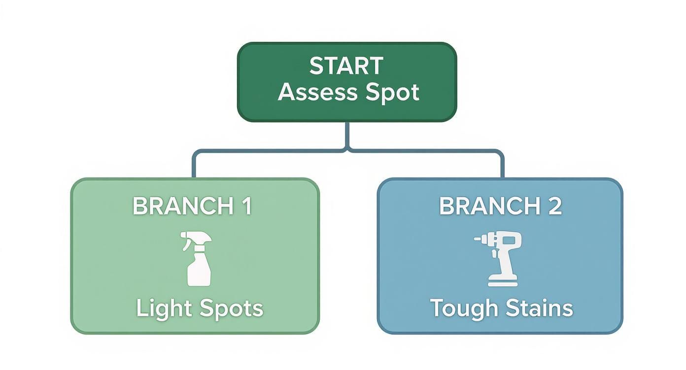 A cleaning process flowchart starting with 'Assess Spot' and branching into 'Light Spots' (spray bottle) and 'Tough Stains' (drill).