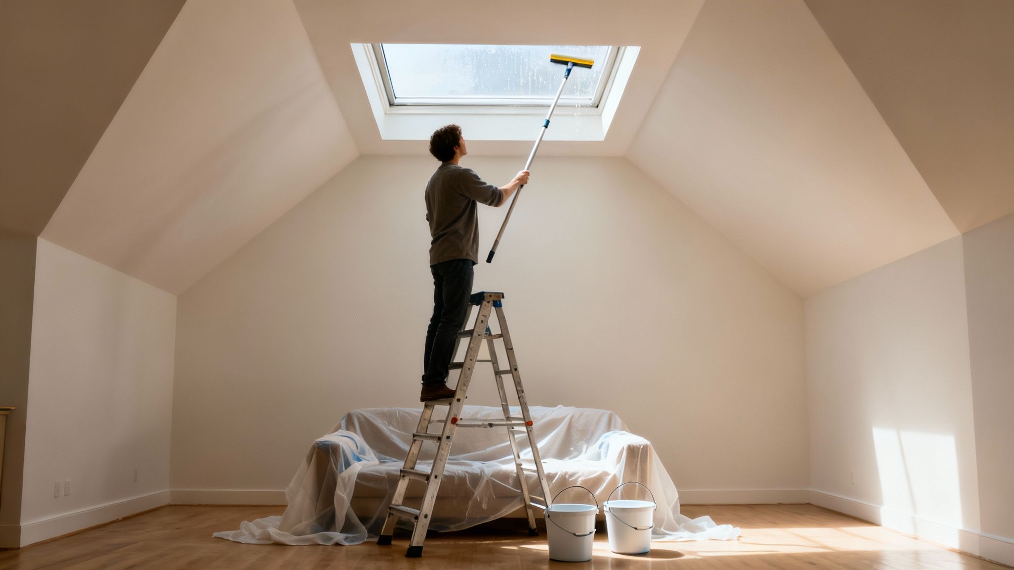 A man stands on a ladder, using a long-handled squeegee to clean a skylight.