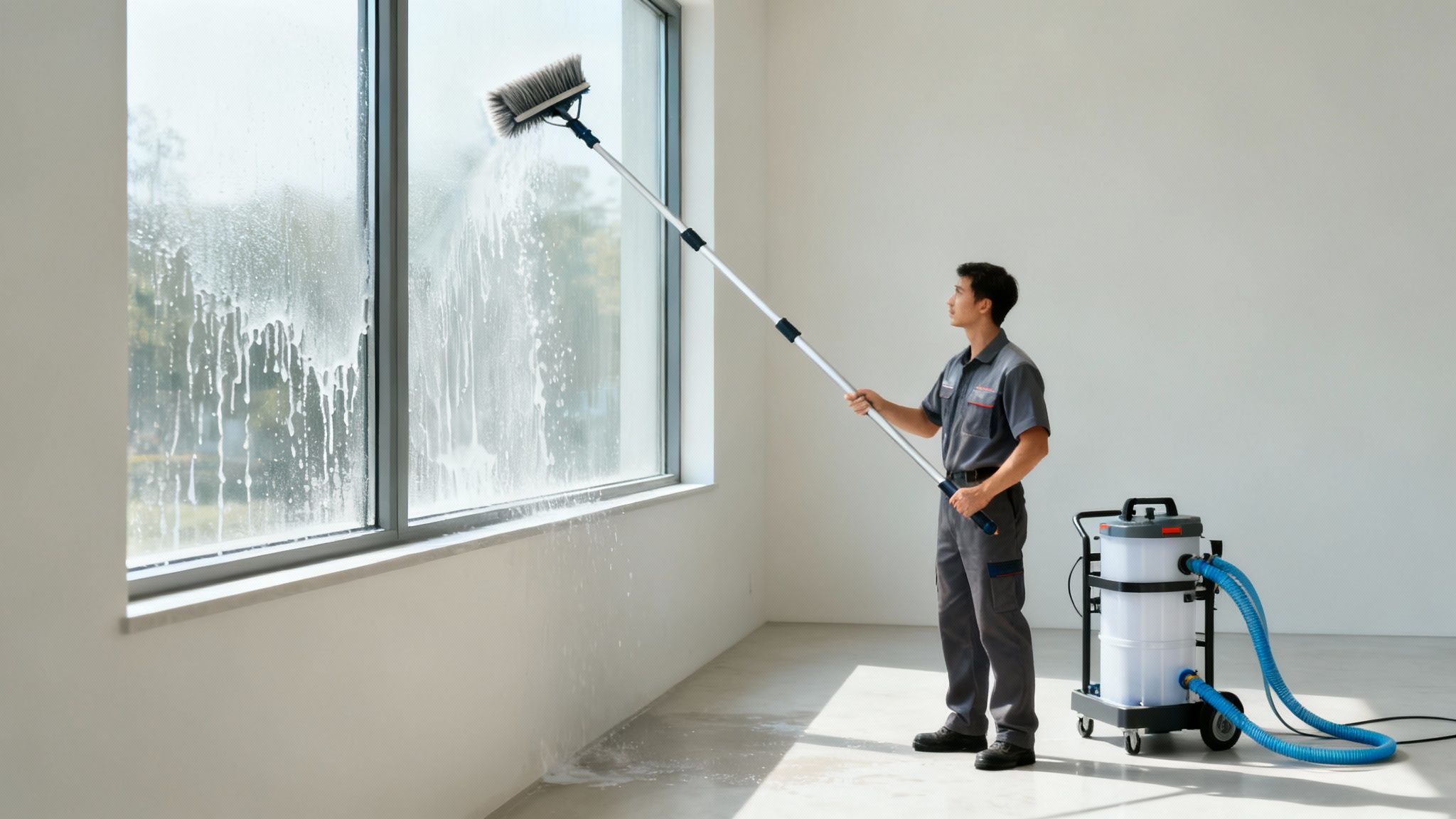 A professional window cleaner from Sparkle Tech Window Washing smiling while holding a water-fed pole, ready for a job.