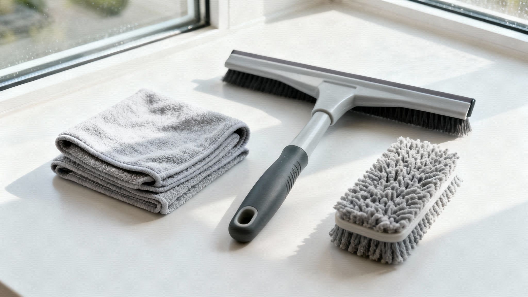 A collection of window cleaning tools including a squeegee, microfiber cloths, a scrubber, and a spray bottle laid out neatly.