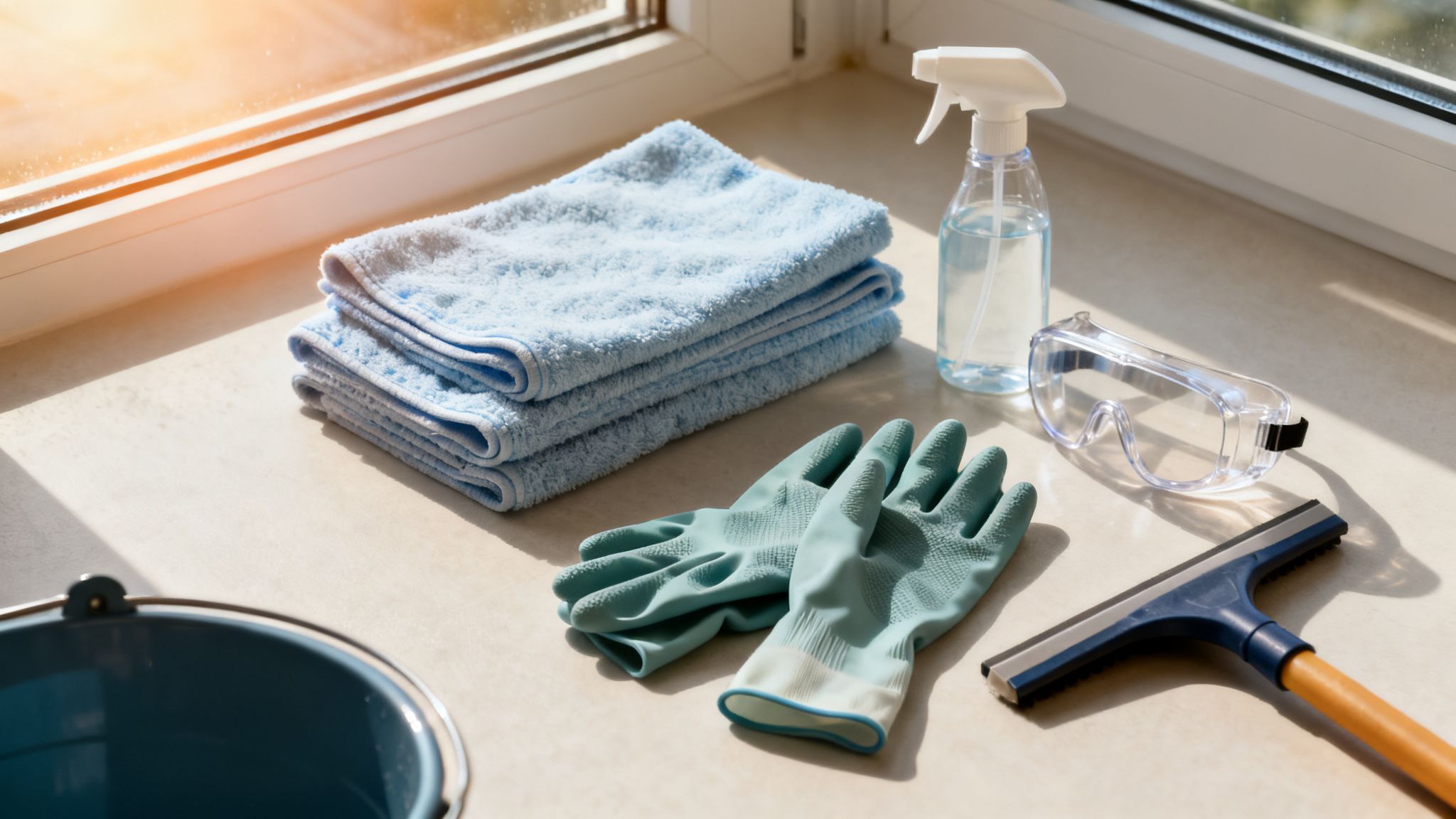 Cleaning supplies on a windowsill: stack of blue towels, spray bottle, goggles, squeegee, and a bucket.