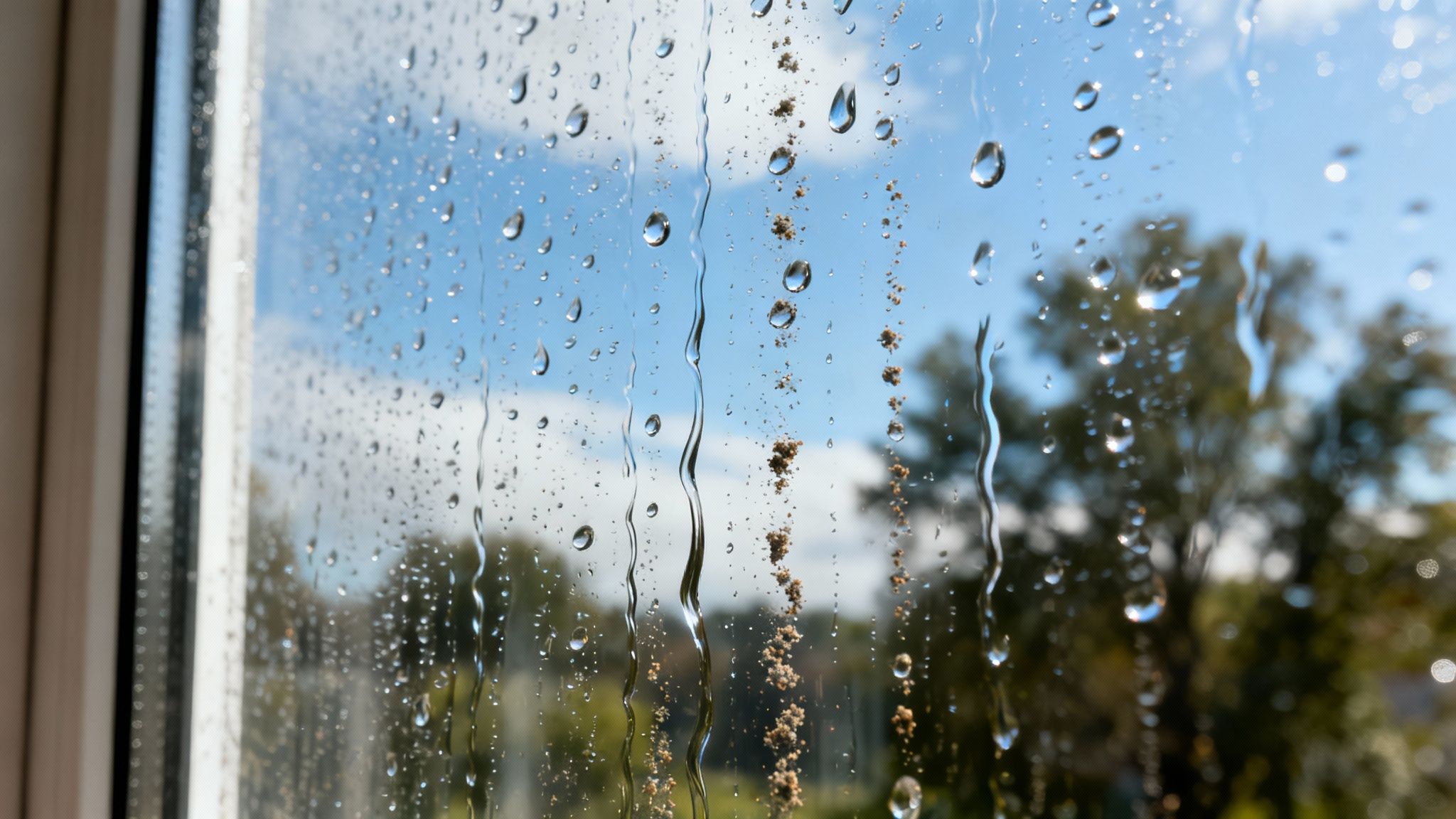 Close-up view of a dirty window covered in numerous raindrops and grime, blurring the trees and sky outside.