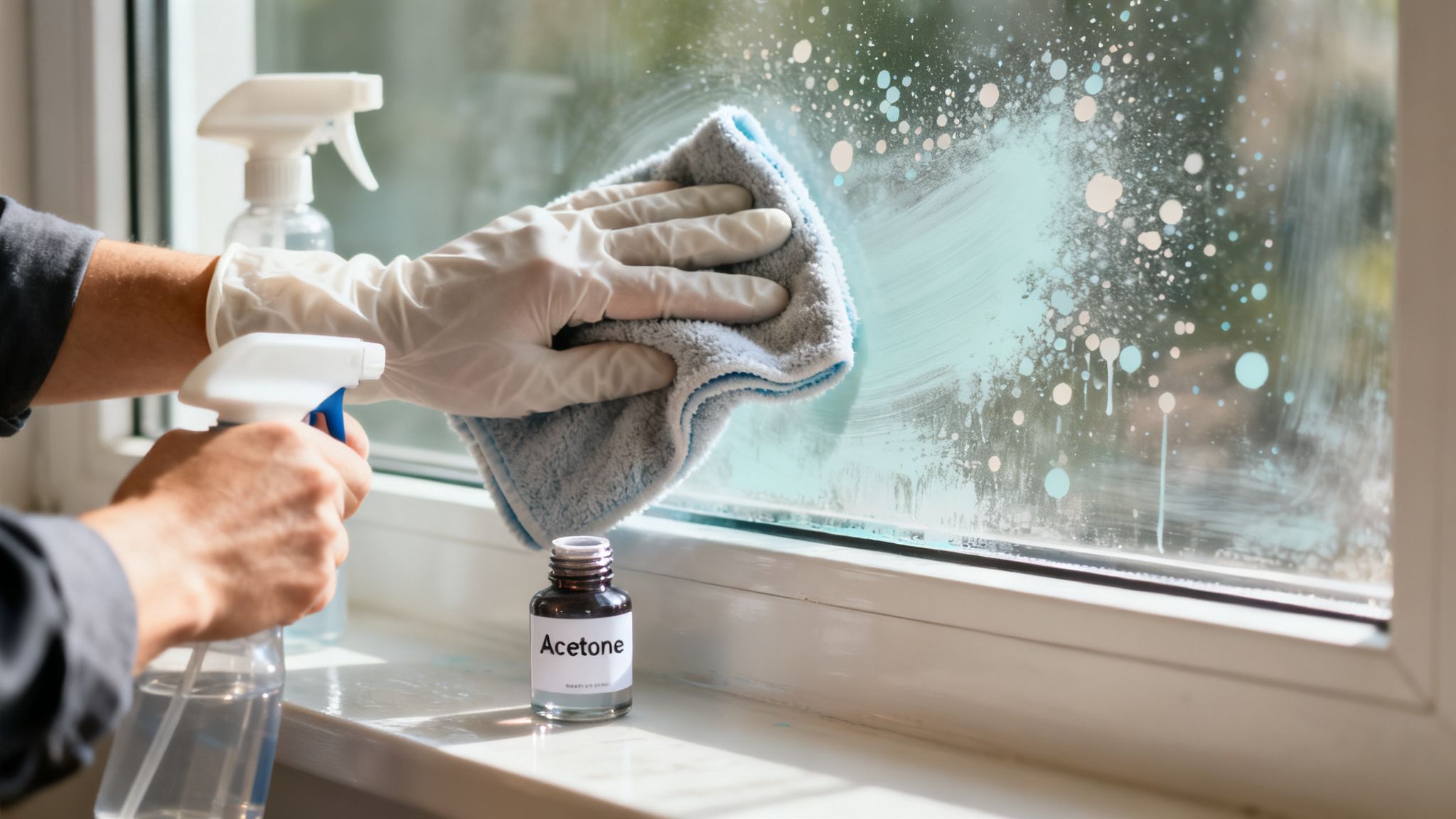 Person in white gloves cleans a window with a spray bottle and cloth, next to a bottle of acetone.