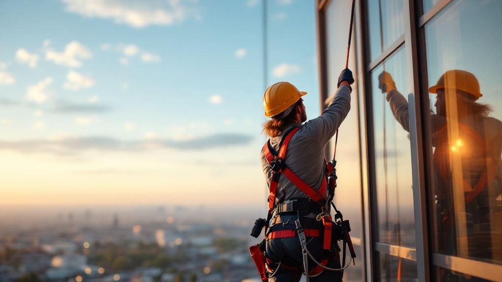 Homeowner inspecting freshly cleaned windows with a clear view of the Phoenix landscape
