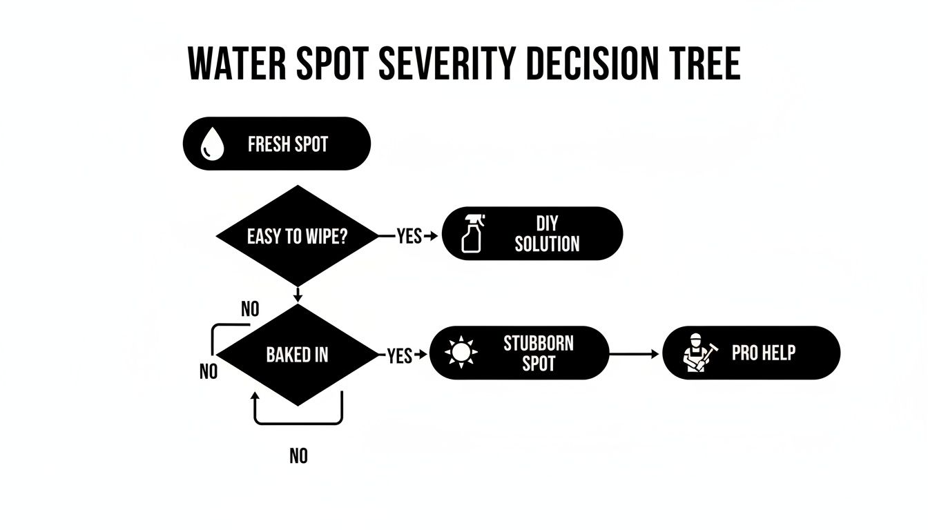 Flowchart decision tree for water spot severity, guiding to DIY solutions or professional help.