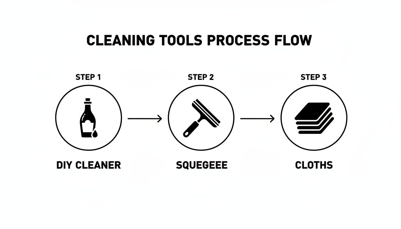 A flowchart illustrating the cleaning tools process flow: DIY cleaner, squeegee, and cloths are presented in steps.