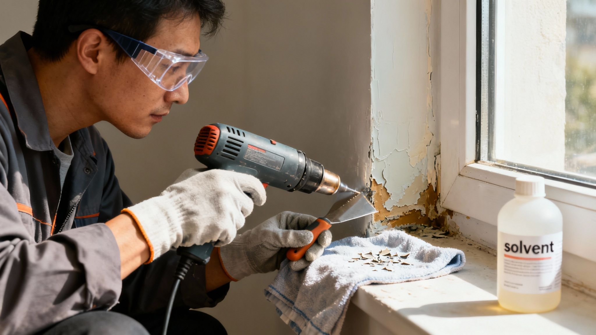 A person in safety glasses and gloves uses a heat gun to remove peeling paint from a window.