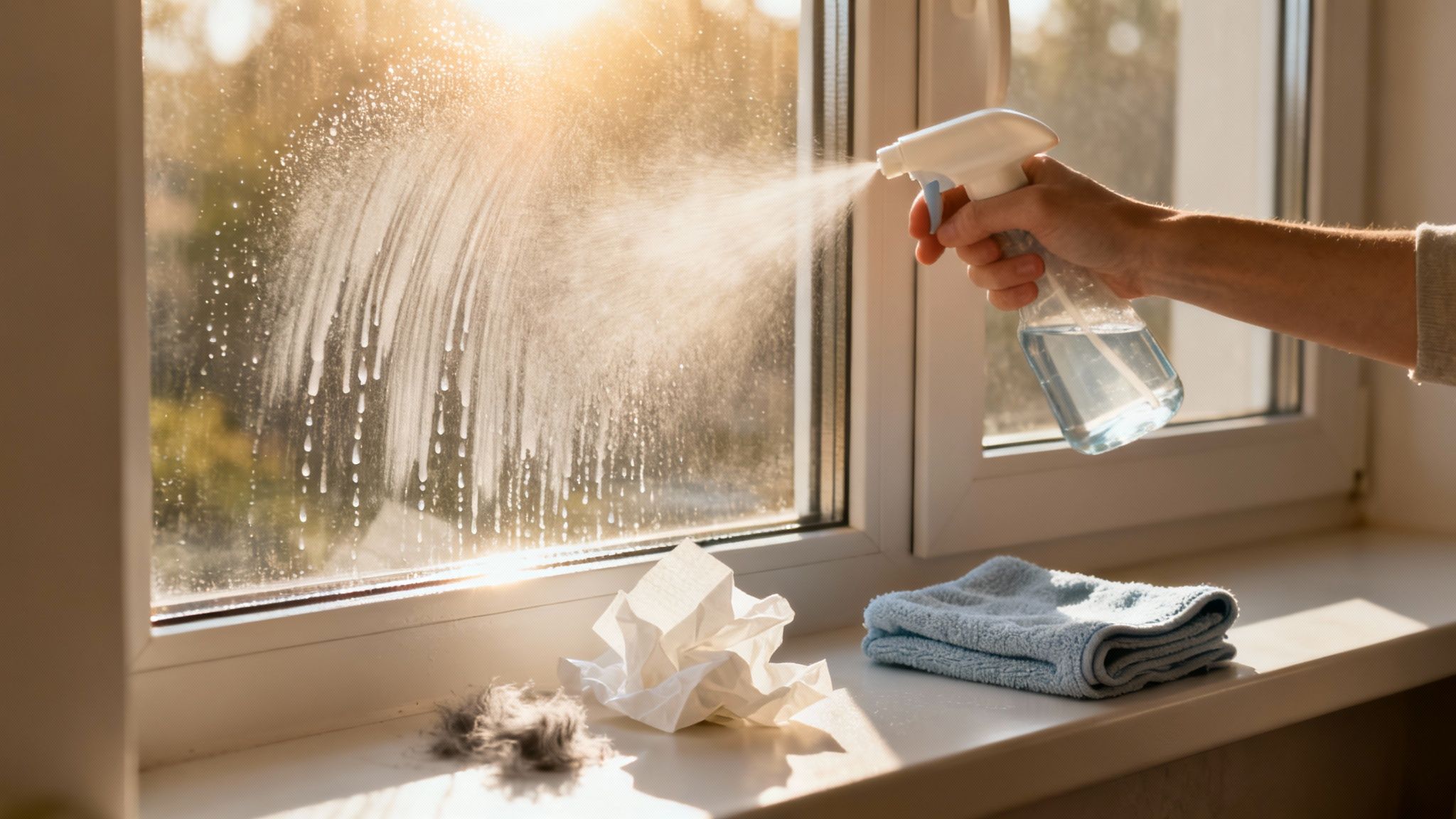 A hand sprays cleaning solution onto a dirty window, with a rag and debris on the sill.
