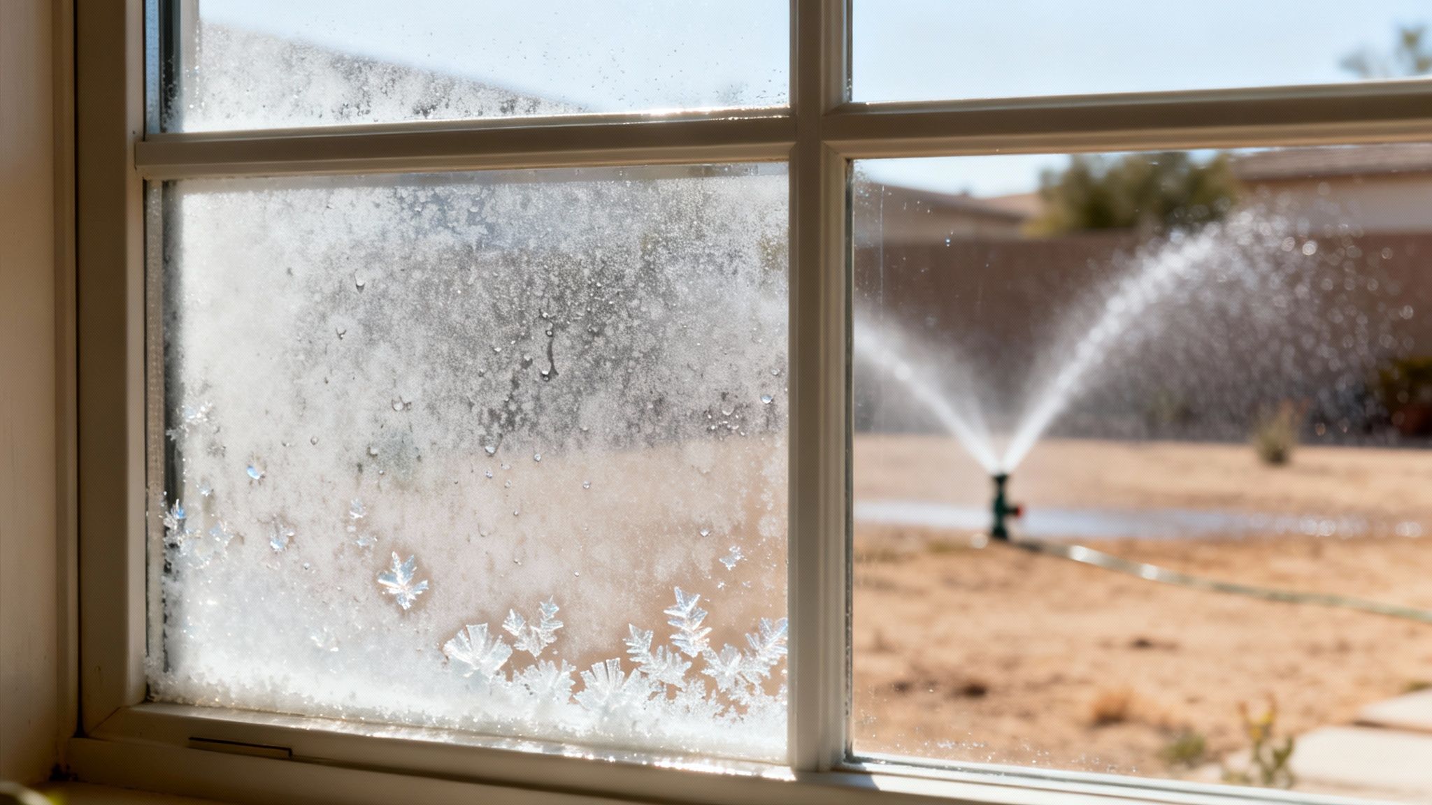 A window pane covered in intricate ice crystals and condensation, blurring an outdoor sprinkler.