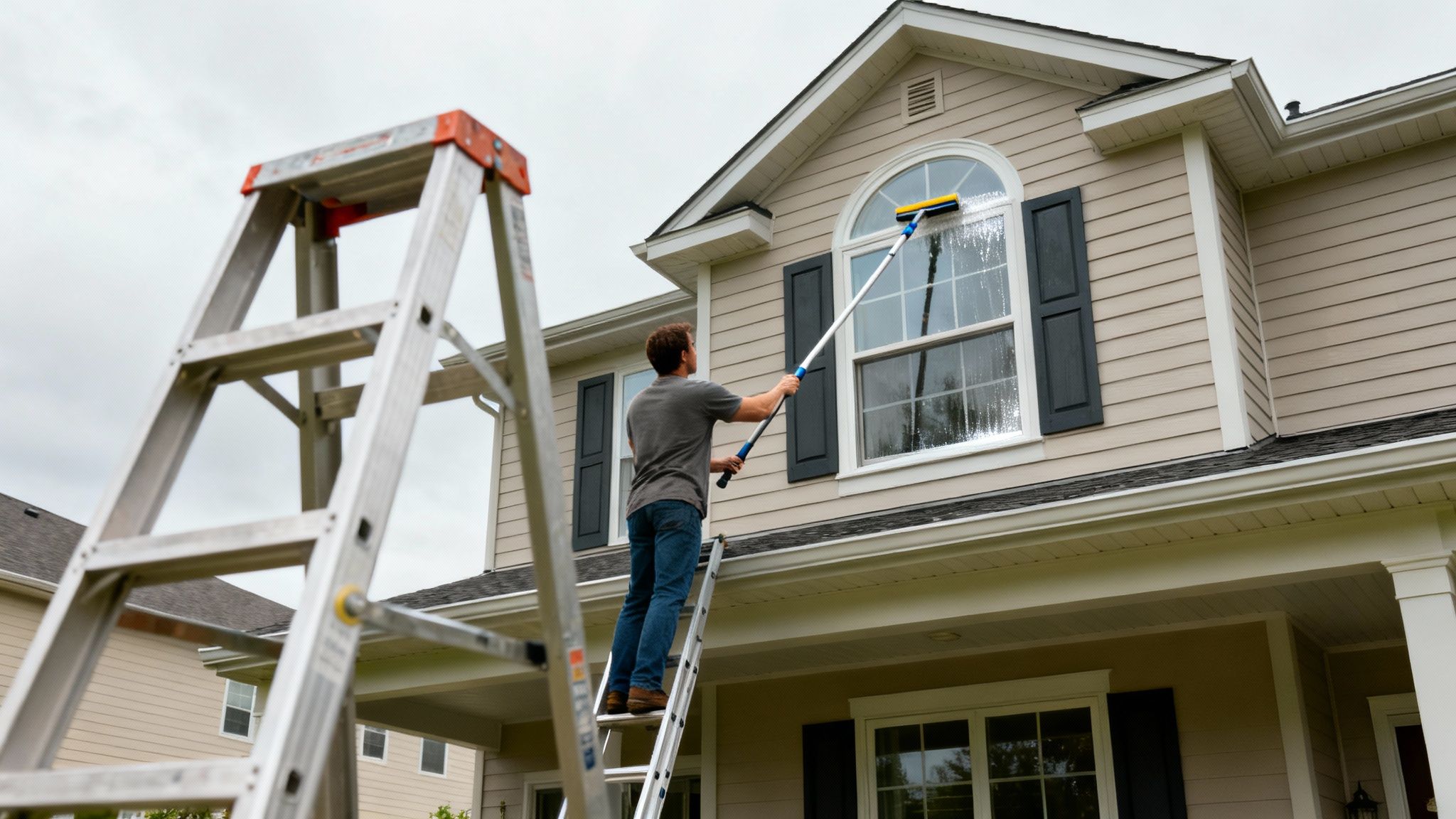 A man on a ladder cleaning an arched window of a beige house with a long pole.