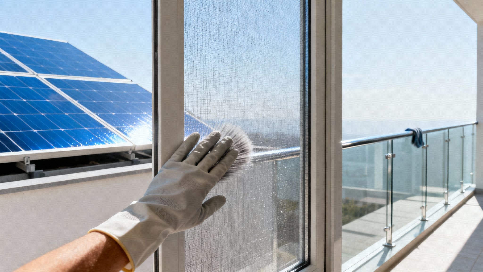 A gloved hand cleans a window screen with a brush, showing solar panels and a modern balcony.