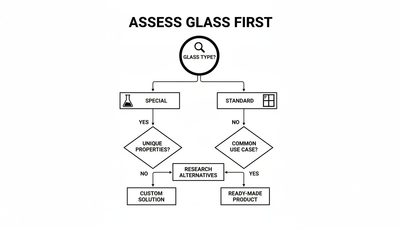 Flowchart for assessing glass type, properties, and use cases, leading to custom or ready-made solutions.