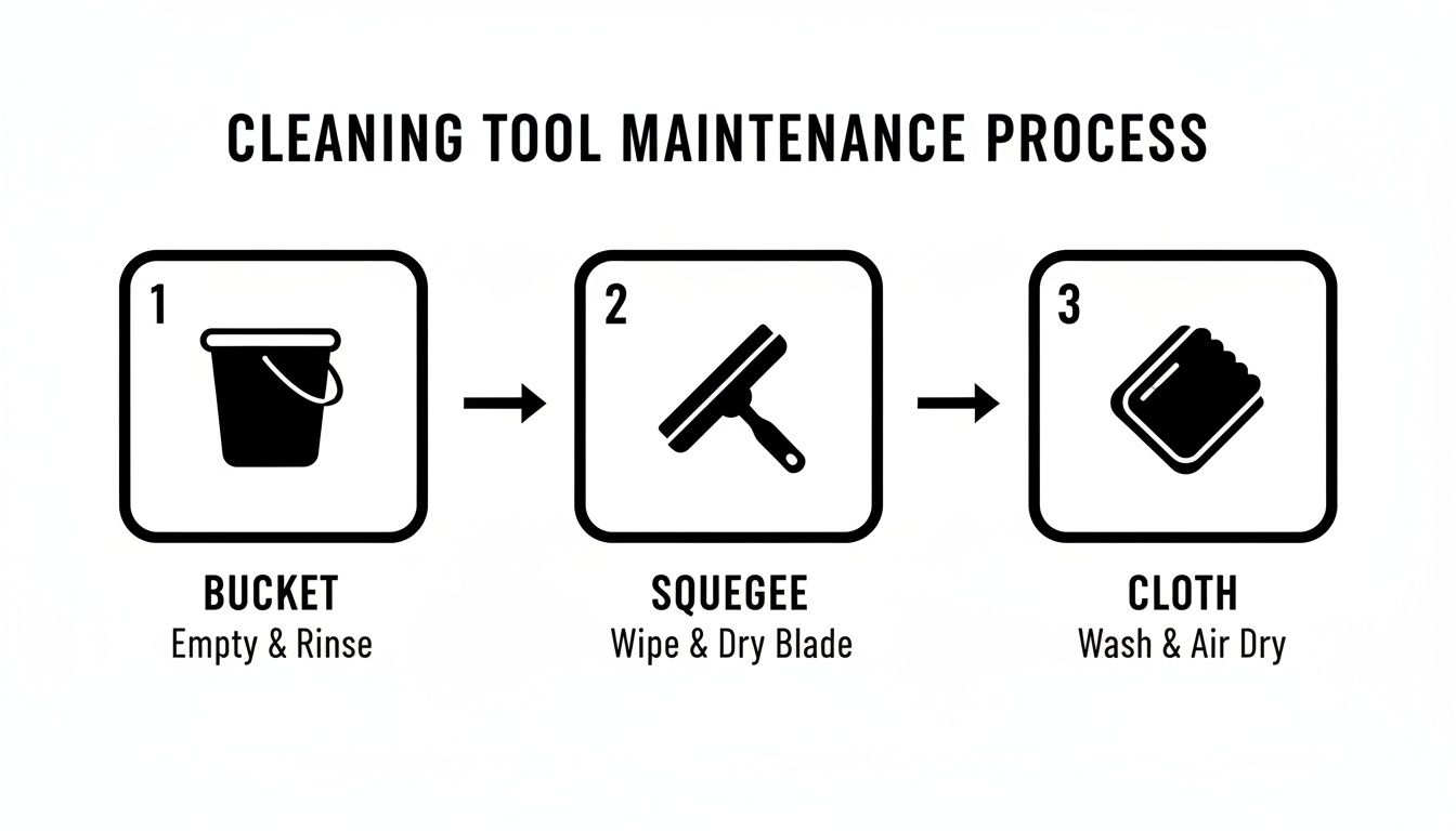 Diagram illustrating a three-step cleaning tool maintenance process for buckets, squeegees, and cloths.