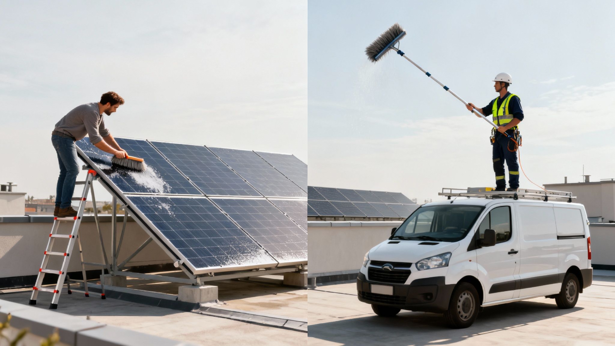 A professional cleaning solar panels on a rooftop with specialized equipment.
