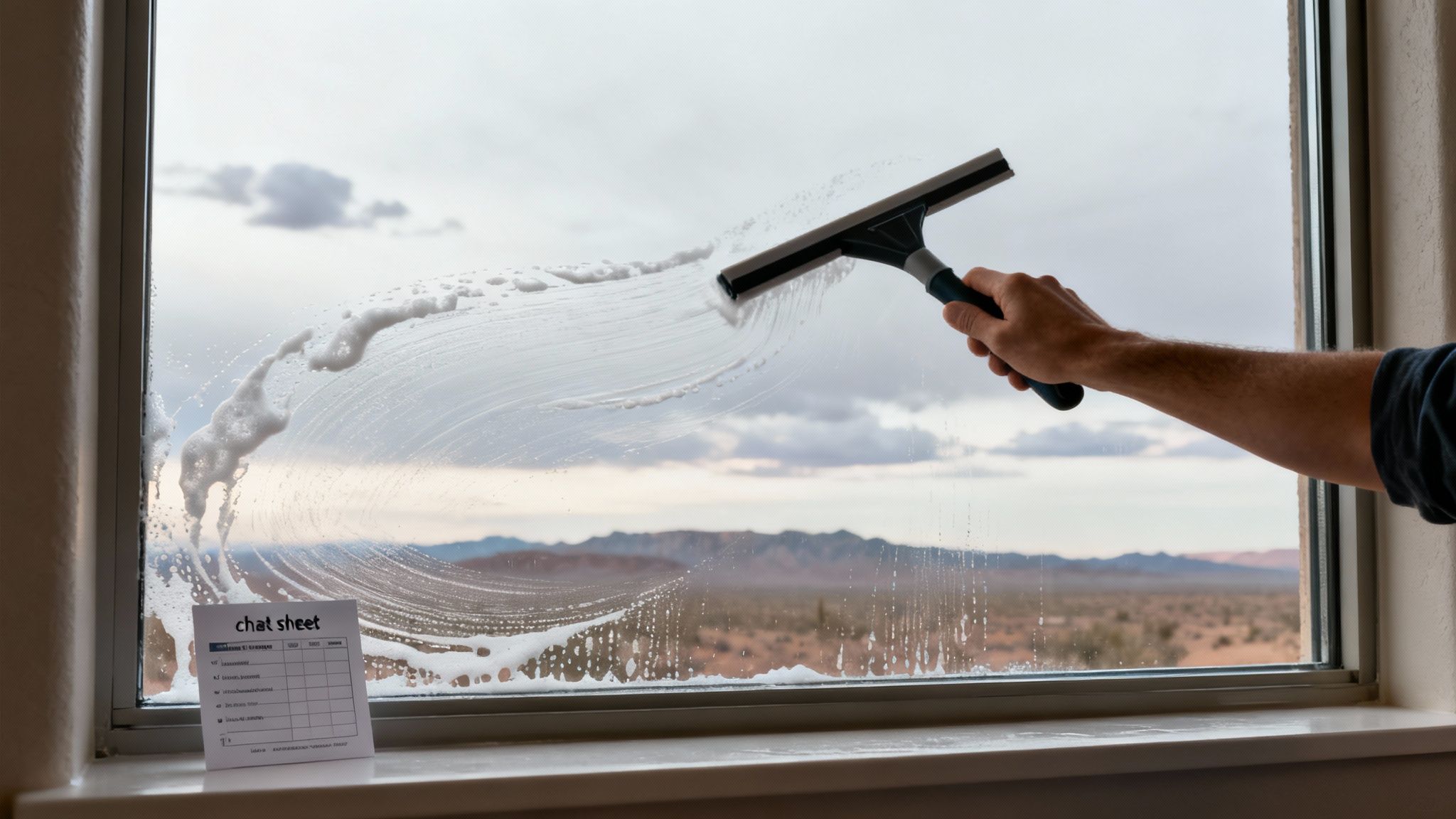 A hand uses a squeegee to clean a sudsy window, revealing a desert landscape and a 'chat sheet'.