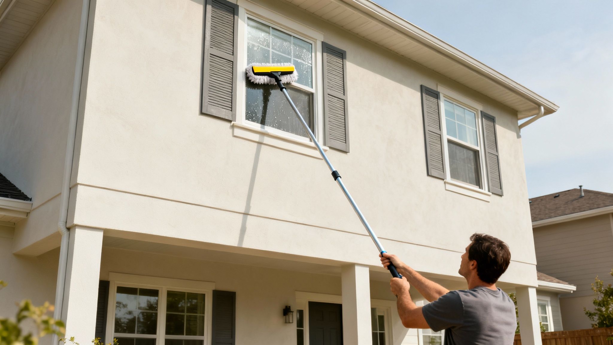 A person using a long pole with a squeegee to clean a second-story window from the ground.