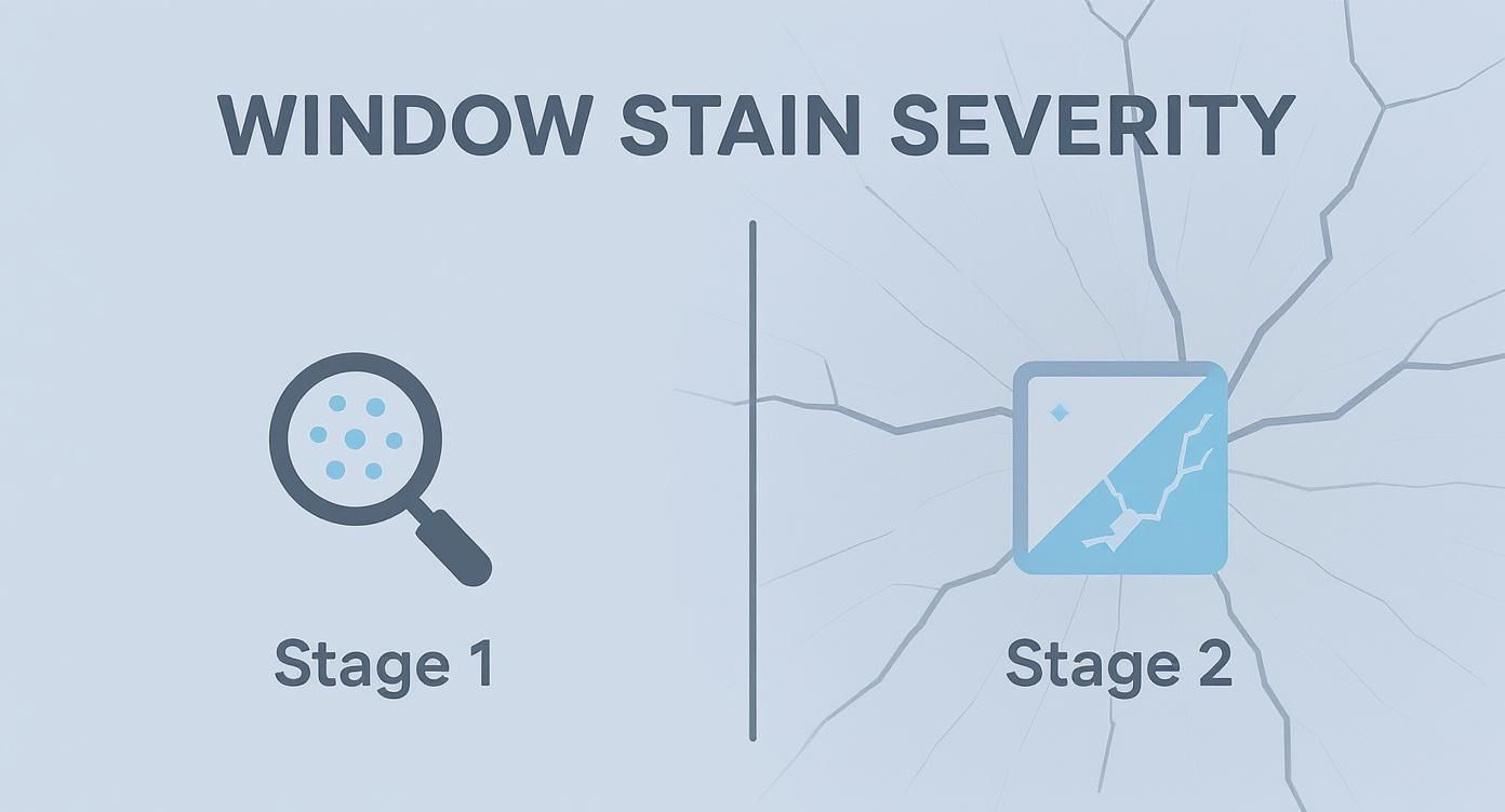 Diagram illustrating window stain severity: Stage 1 shows magnified water spots, Stage 2 depicts a window with cracks.
