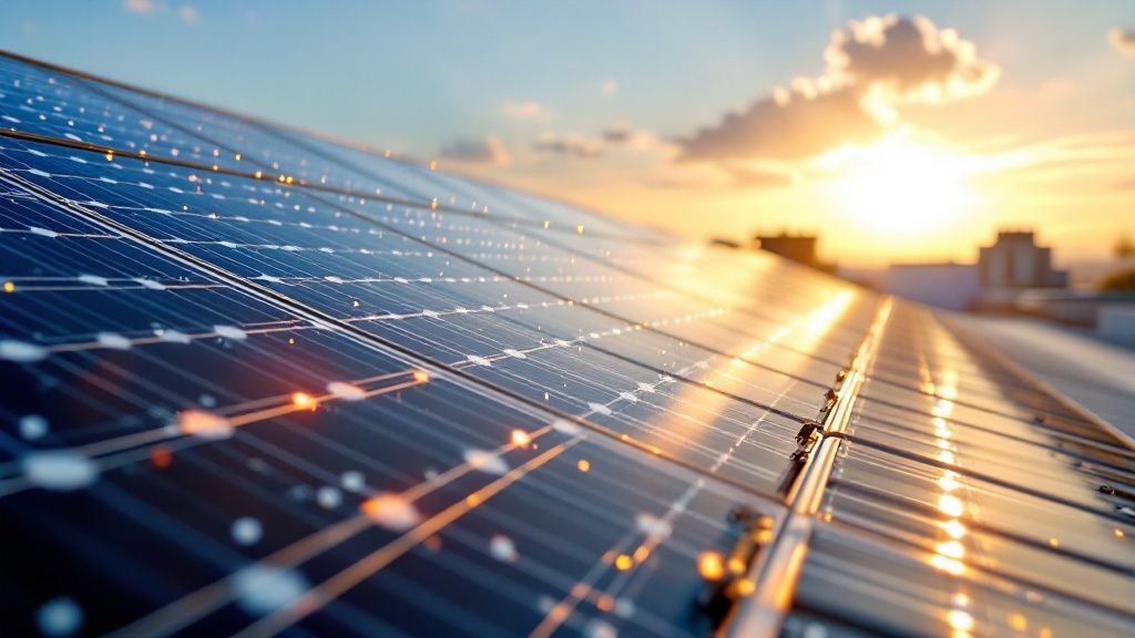 A professional cleaning a rooftop solar panel with a water-fed brush.