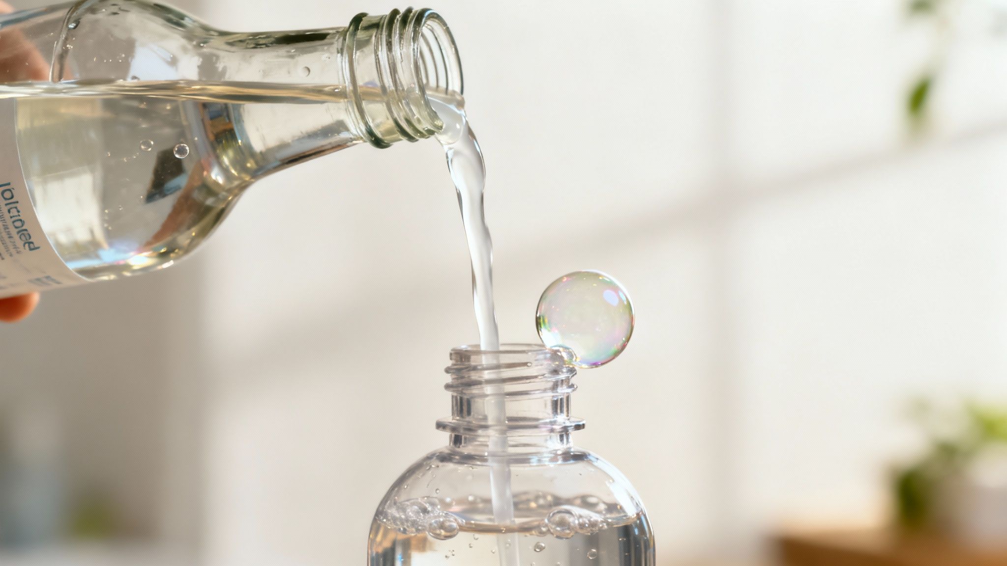 A spray bottle, a bowl of white vinegar, and a measuring cup on a kitchen counter, representing the ingredients for a DIY window cleaning solution.