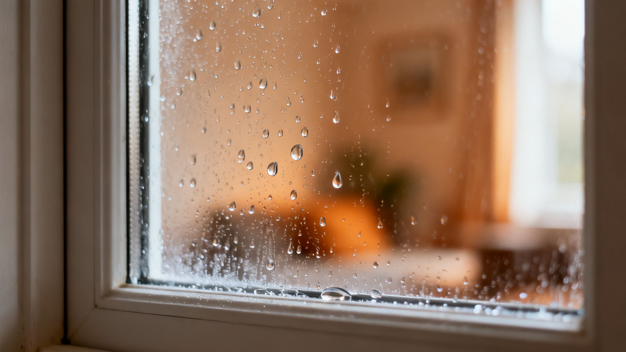 Close-up of a window pane covered in numerous raindrops, blurring the warm interior of a room.