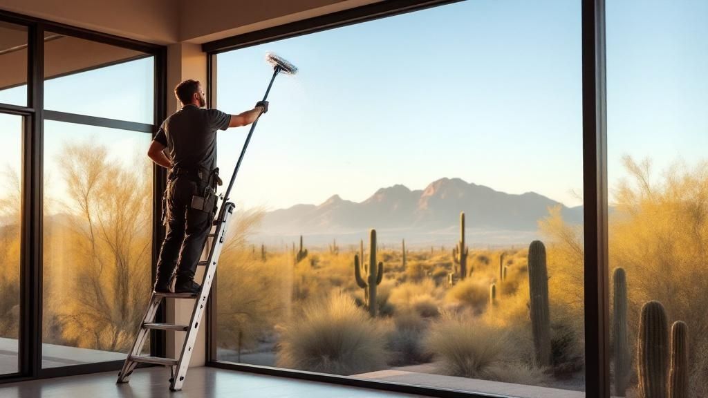 A professional window cleaner working on a residential window with a squeegee in Scottsdale.