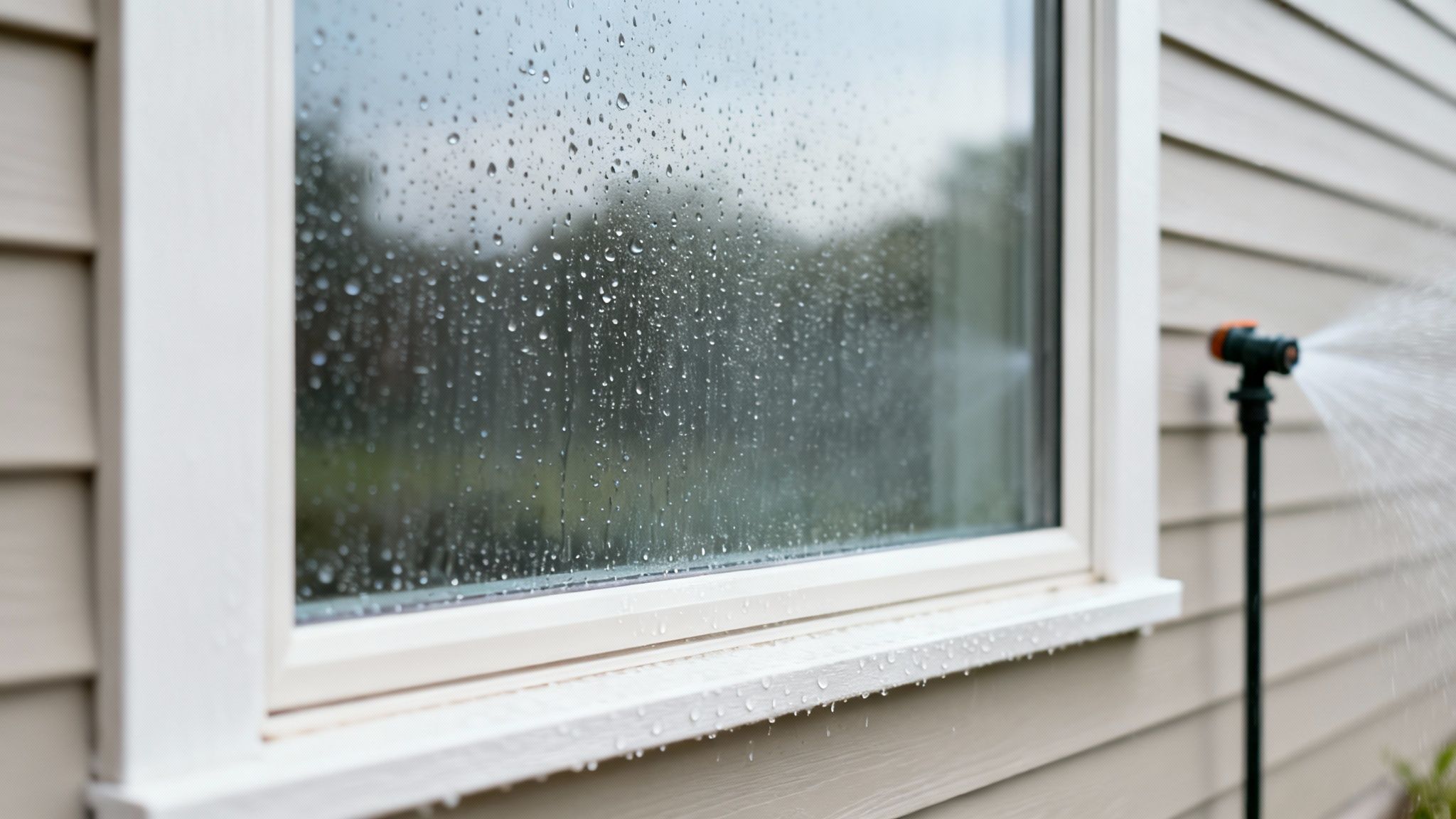 A house window covered in water droplets from a sprinkler, with beige siding visible.