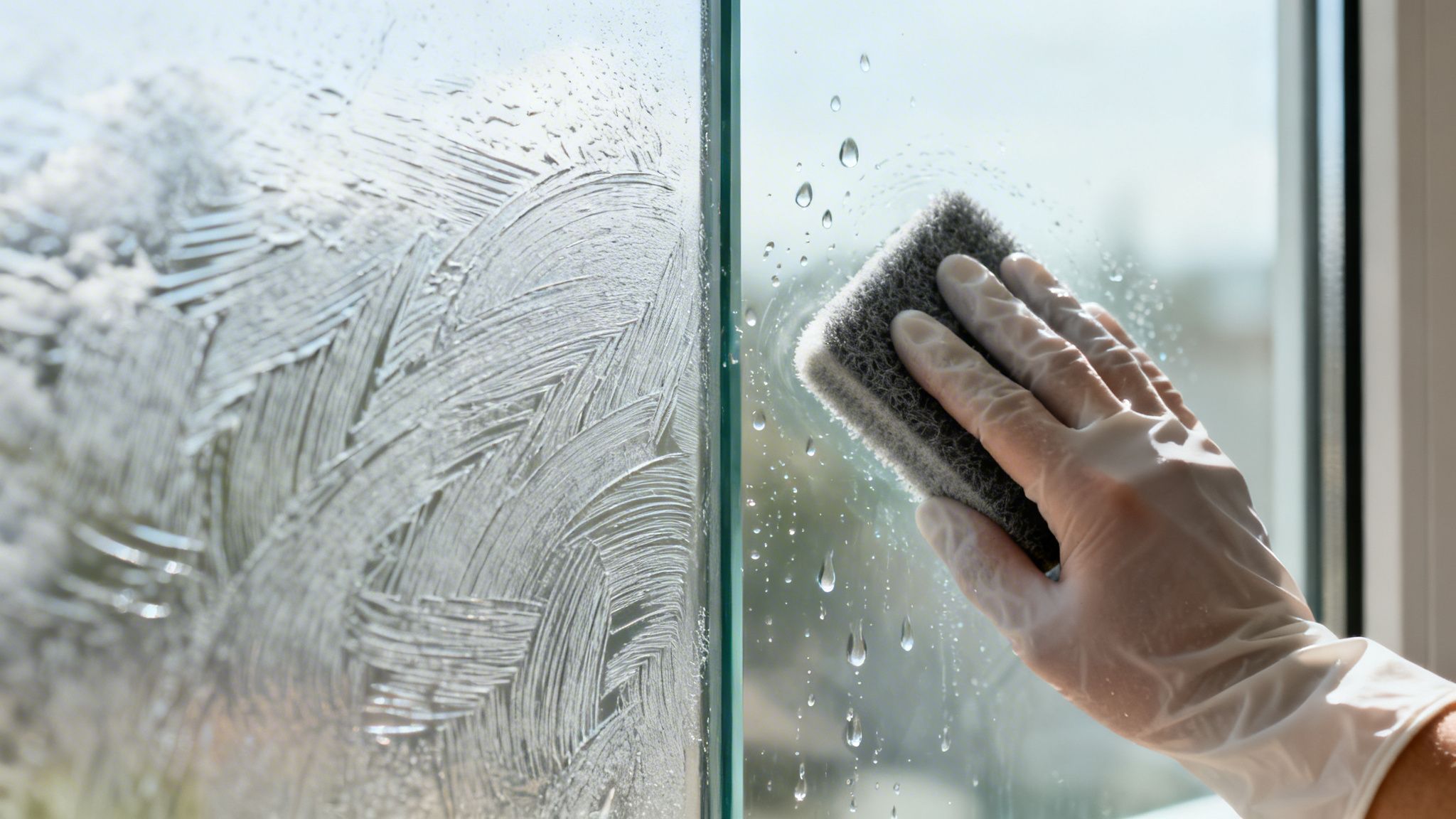 A gloved hand uses a sponge to clean a window, leaving streaks of soap and water droplets.