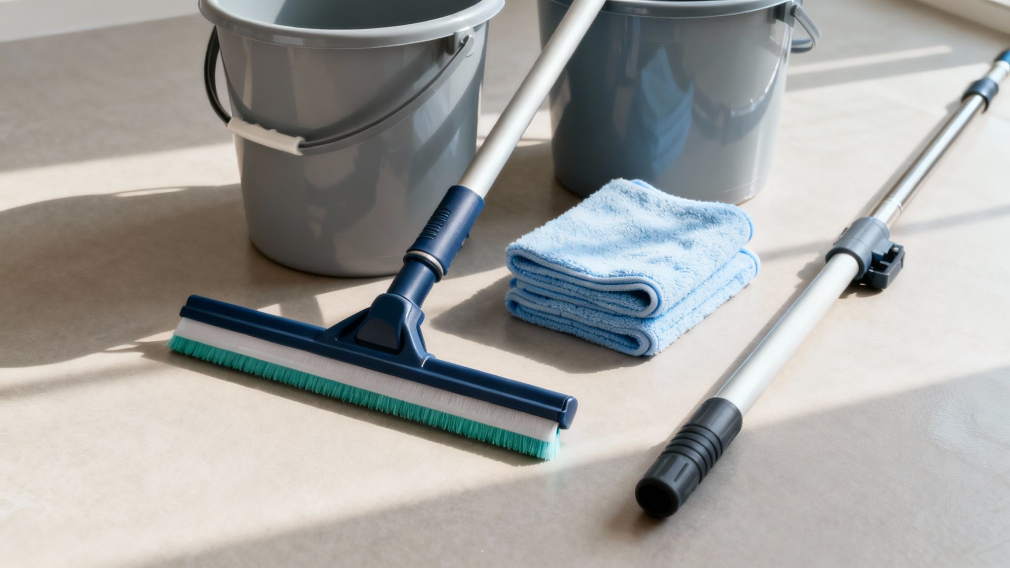 A collection of professional window cleaning tools including a squeegee, microfiber cloths, and a bucket arranged neatly.