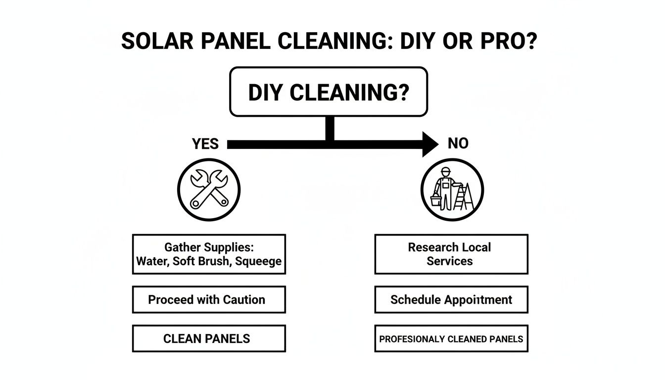 Flowchart outlining the decision between DIY or professional solar panel cleaning options, with steps for each.