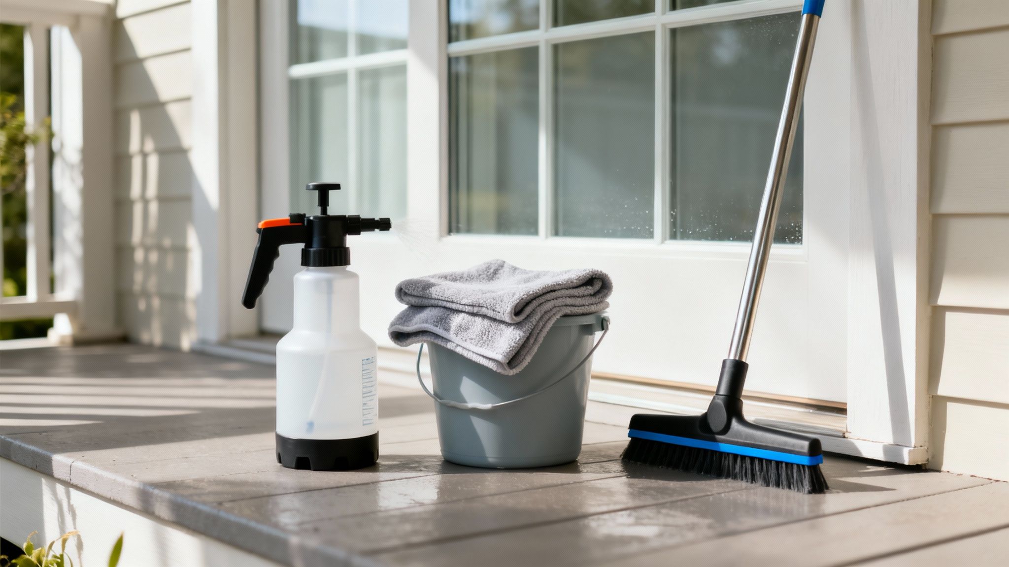 A professional window cleaner using a squeegee on a large window, demonstrating a traditional cleaning method.