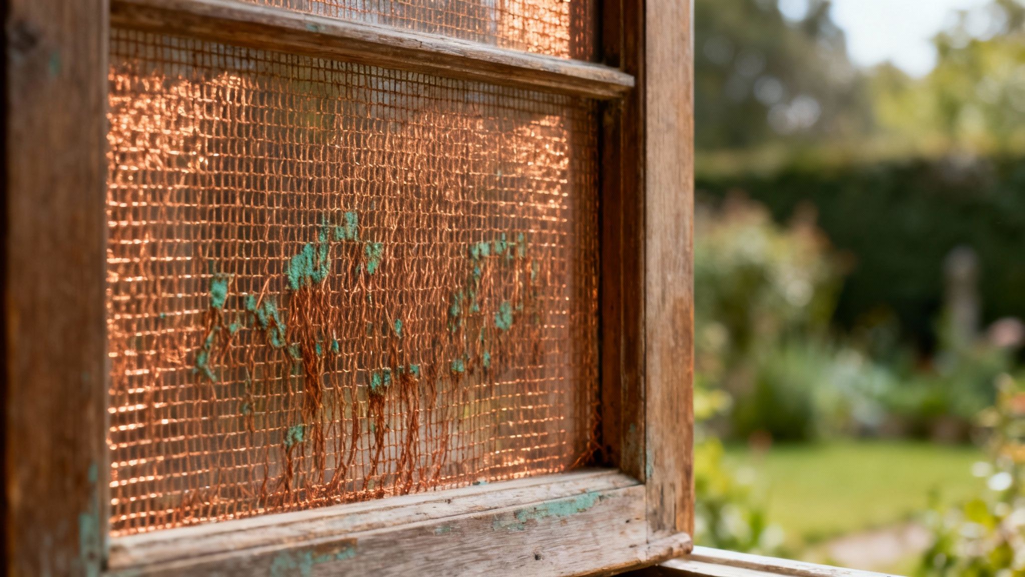 A rustic wooden window frame with a weathered copper mesh screen, overlooking a bright garden.