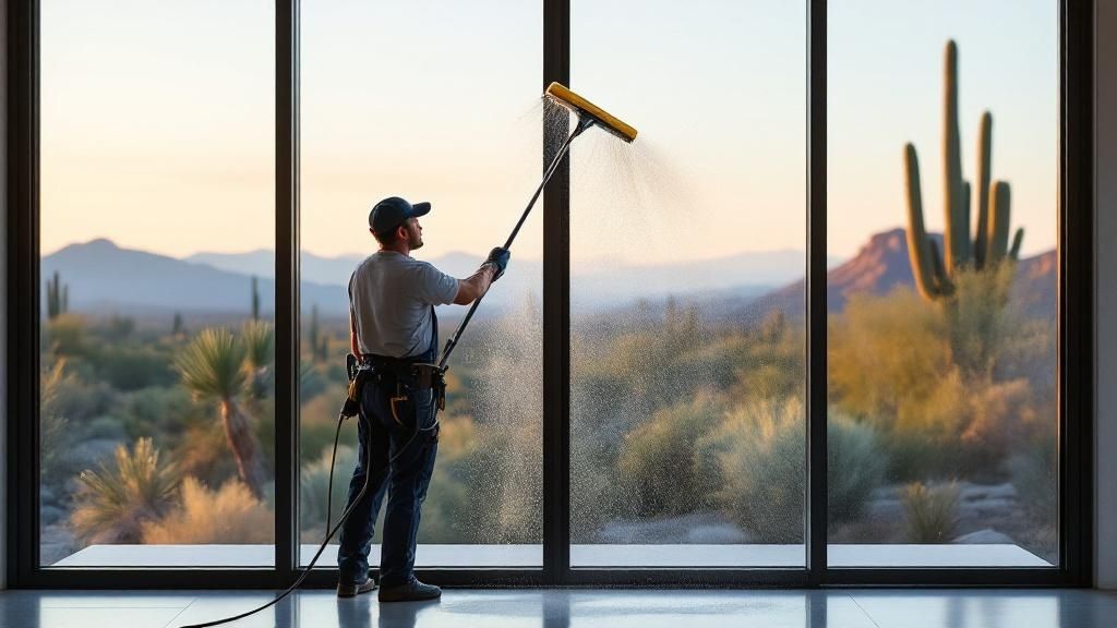 A professional window cleaner using a squeegee on a large, sunlit window with a beautiful Scottsdale landscape visible outside.