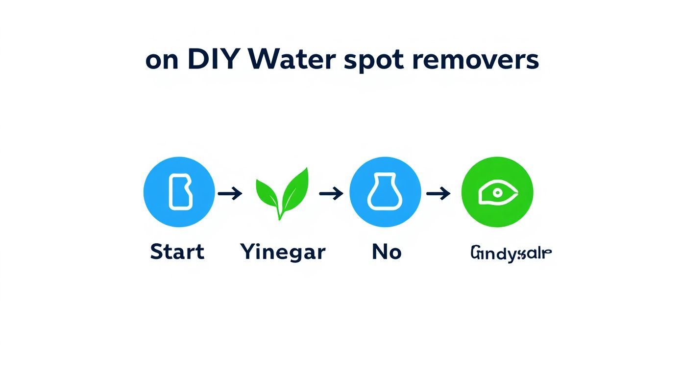 A flowchart outlining a DIY process for removing water spots, featuring 'Start' and 'Vinegar' steps.