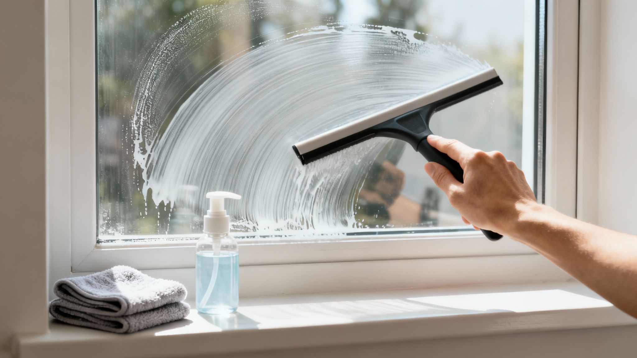 A person's hand uses a squeegee to clean a window, leaving foamy streaks. Cleaning supplies are on the windowsill.