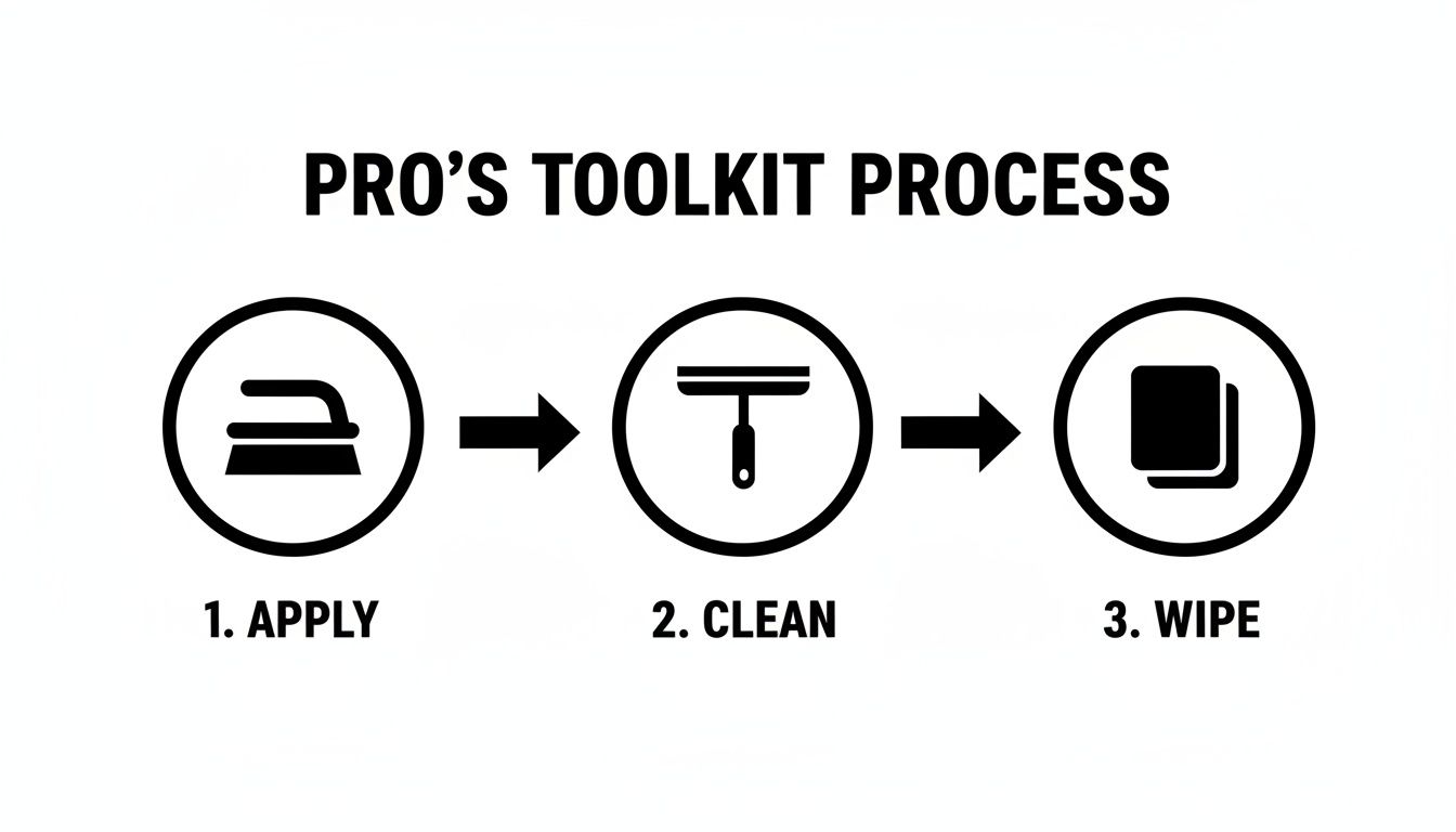 Pro's toolkit process with icons for applying (brush), cleaning (squeegee), and wiping (cloths).