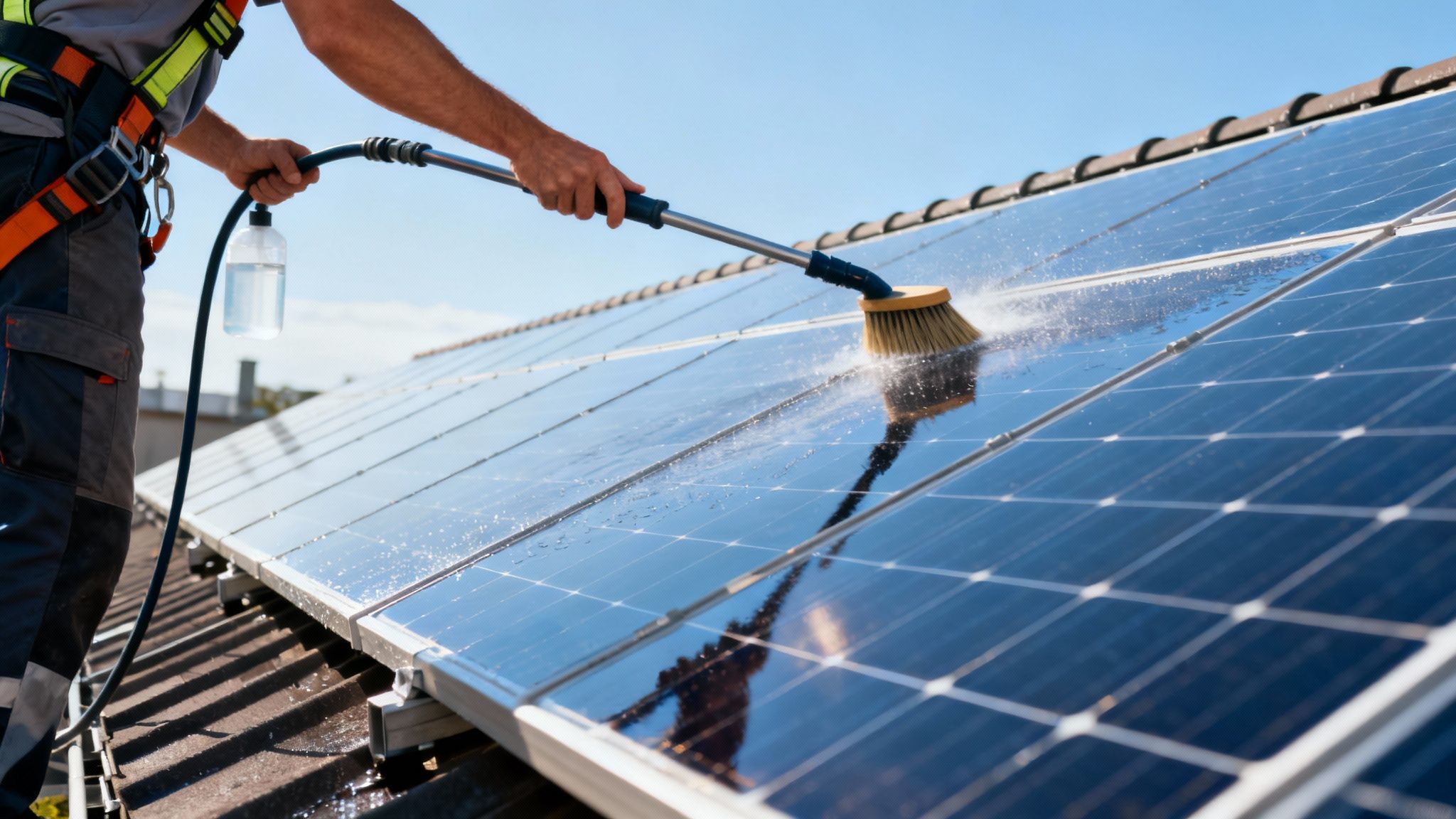 A worker in a safety harness cleans rooftop solar panels with a water-spraying brush under a blue sky.