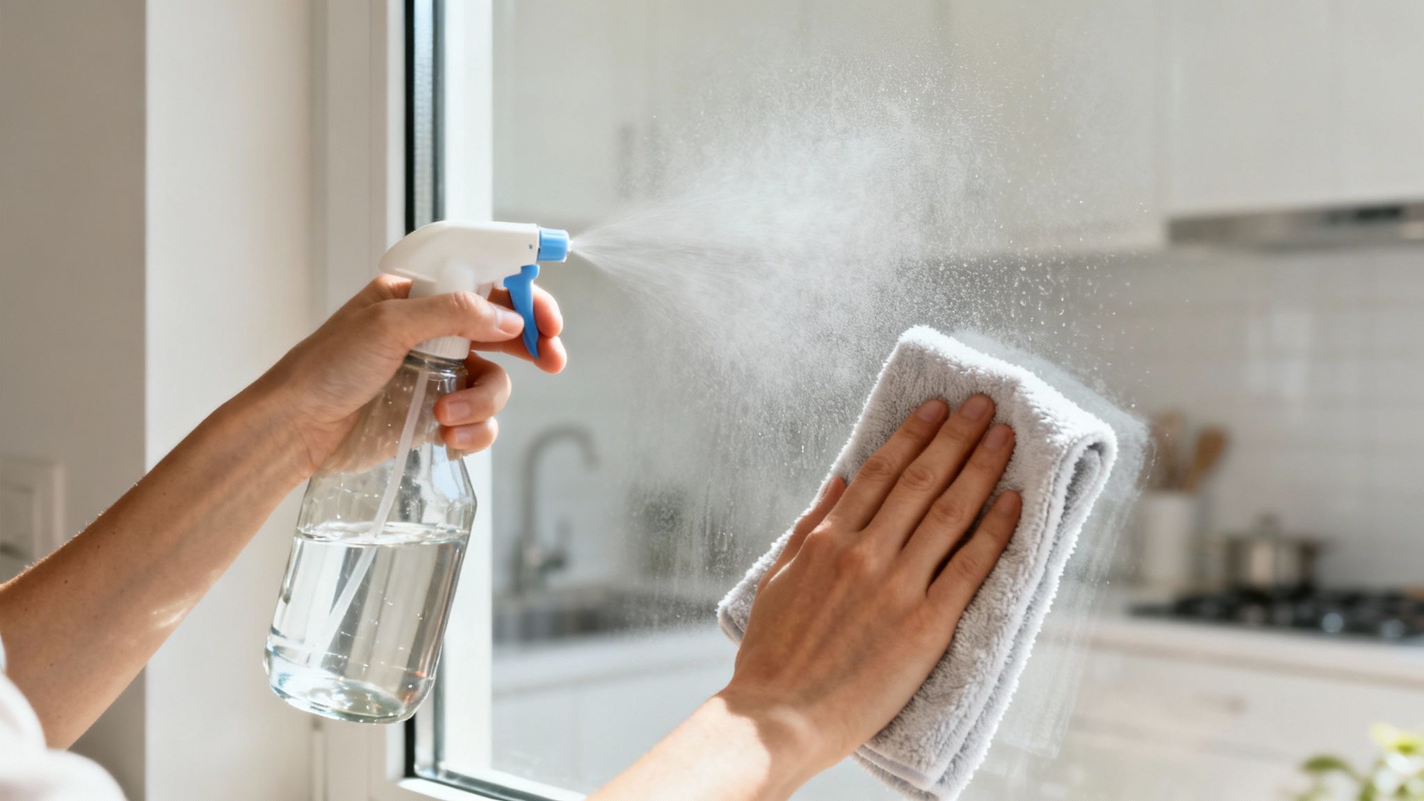 A person using a squeegee to clean a window, demonstrating a professional technique.