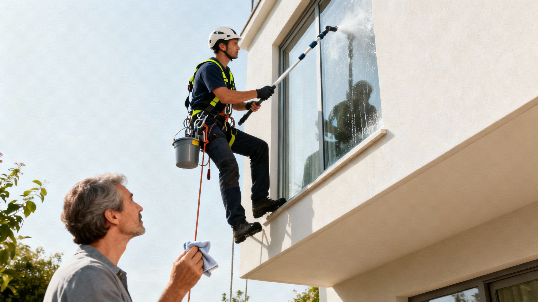 A professional window cleaner suspended by ropes washes a modern building window, watched by a man below.