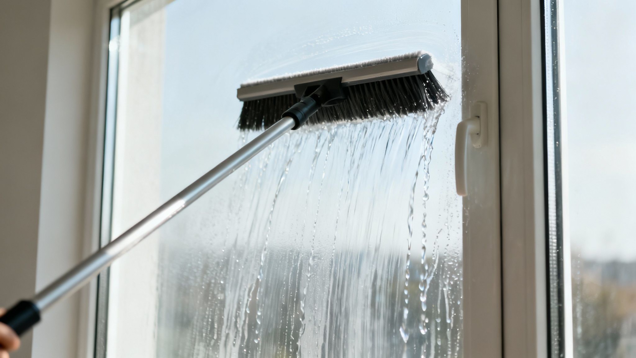 A window cleaner in action, using a water-fed pole to wash an exterior window