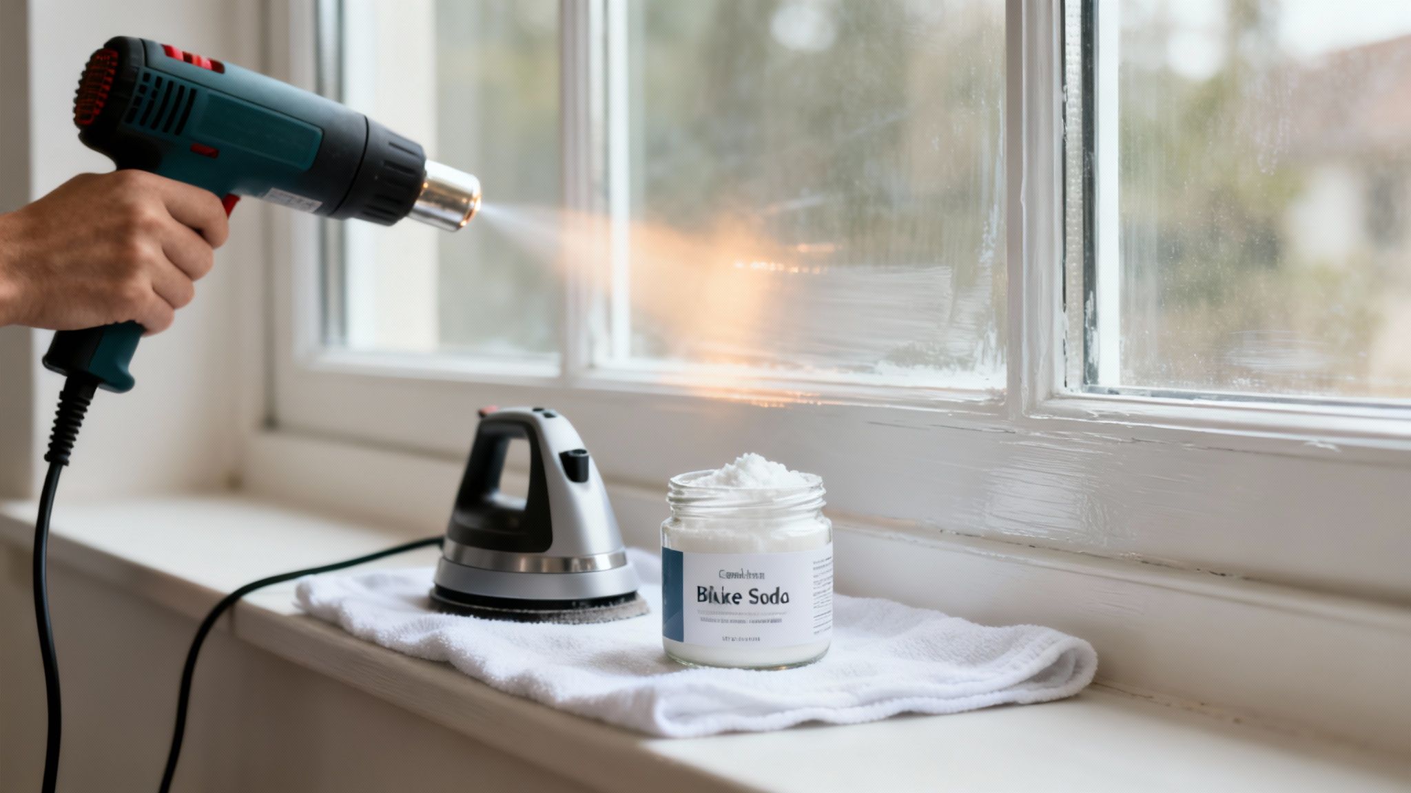 A hand uses a heat gun to remove paint from a window, with baking soda and a sander nearby.