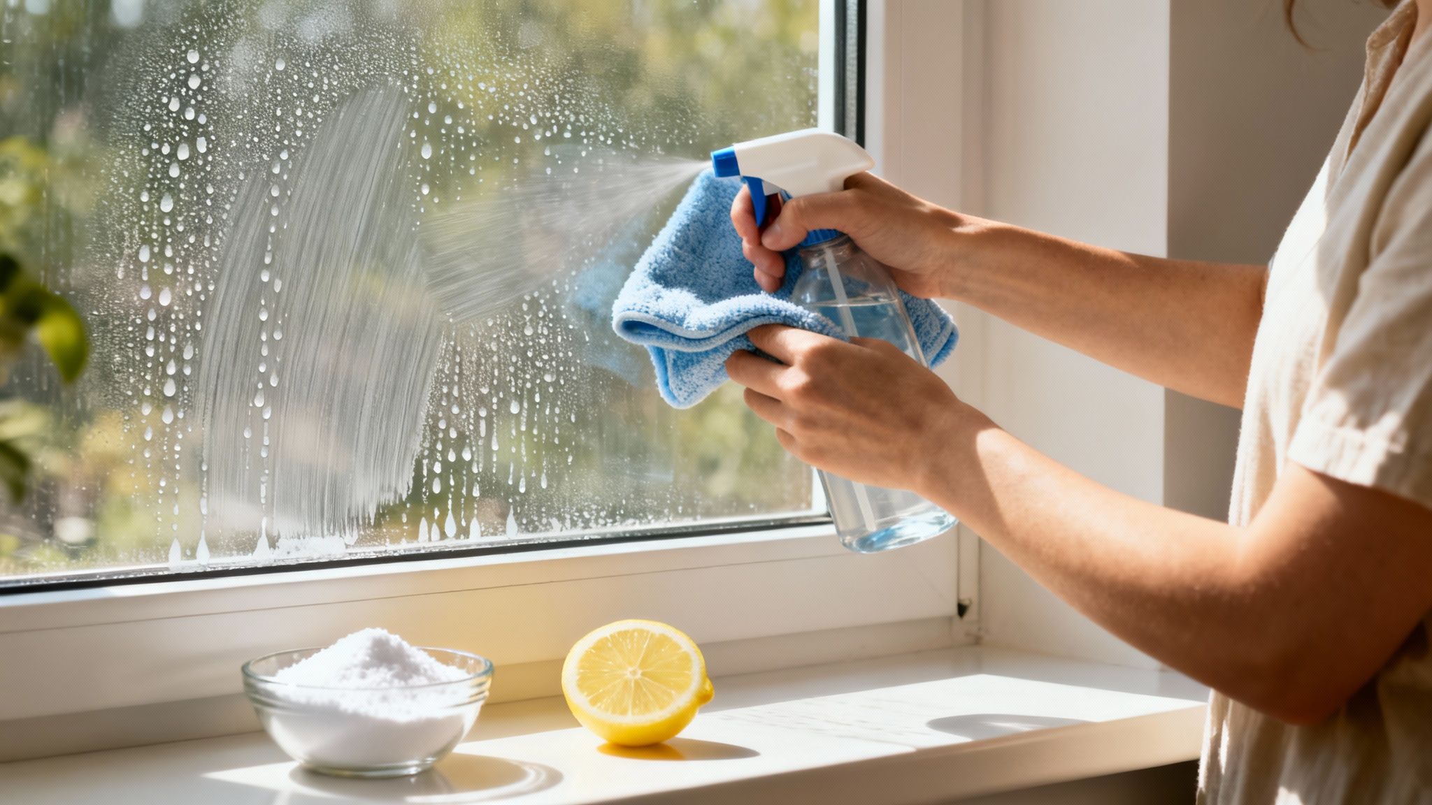 A person cleans a window with a spray bottle and blue cloth, using natural ingredients.