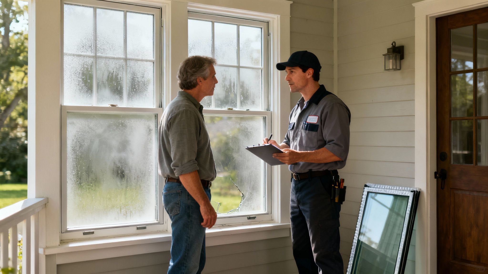 A professional window cleaner wearing gloves and using a specialized tool on a large window.