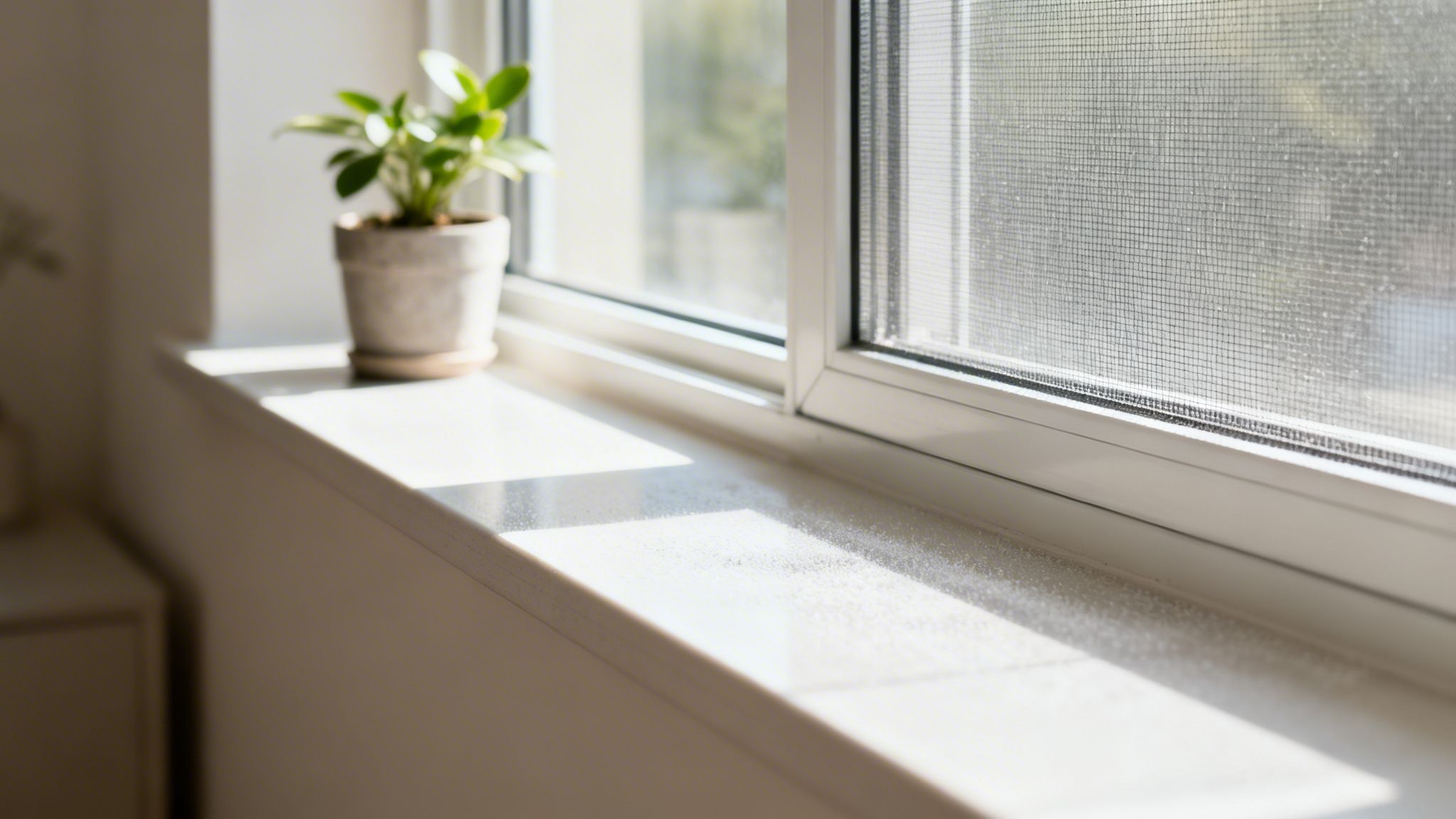 A small green plant on a dusty windowsill, with sunlight streaming through a window with a screen.